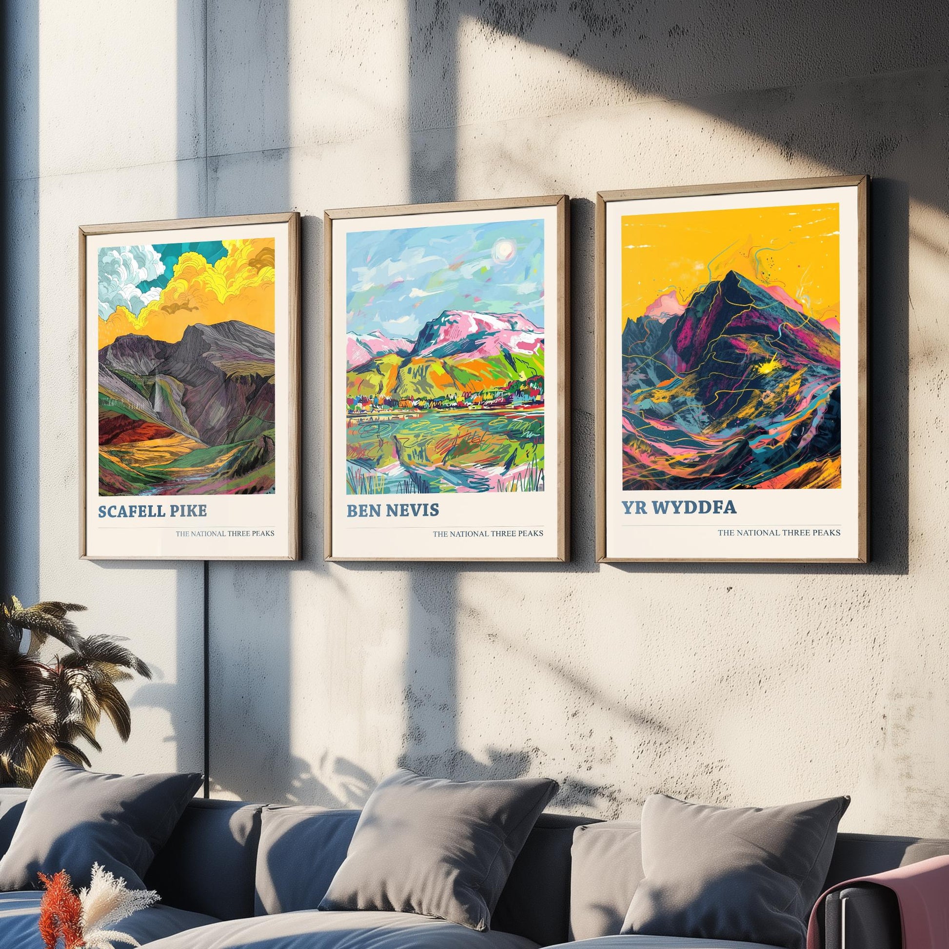 Set of Three National Three Peaks Art Prints - Scafell Pike, Ben Nevis, Yr Wyddfa - 3 Mountain Posters Illustration Gift V2