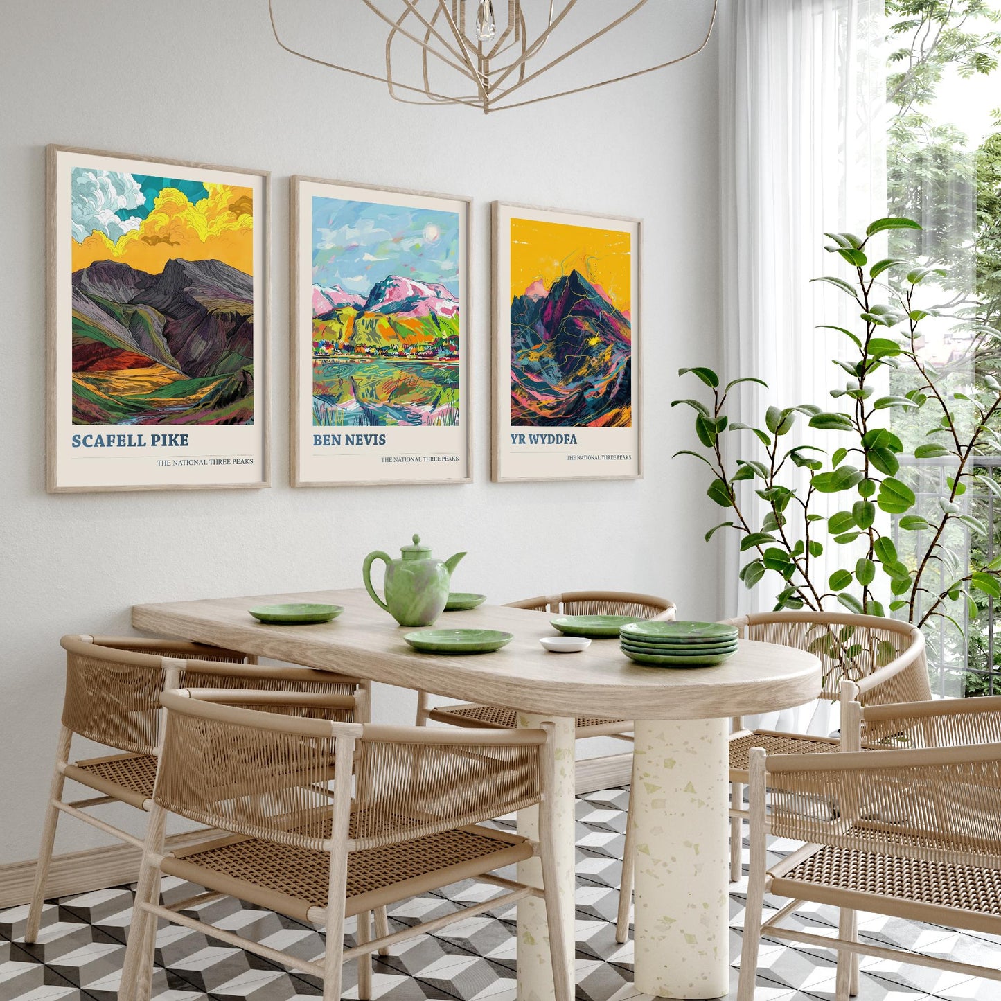 Set of Three National Three Peaks Art Prints - Scafell Pike, Ben Nevis, Yr Wyddfa - 3 Mountain Posters Illustration Gift V2