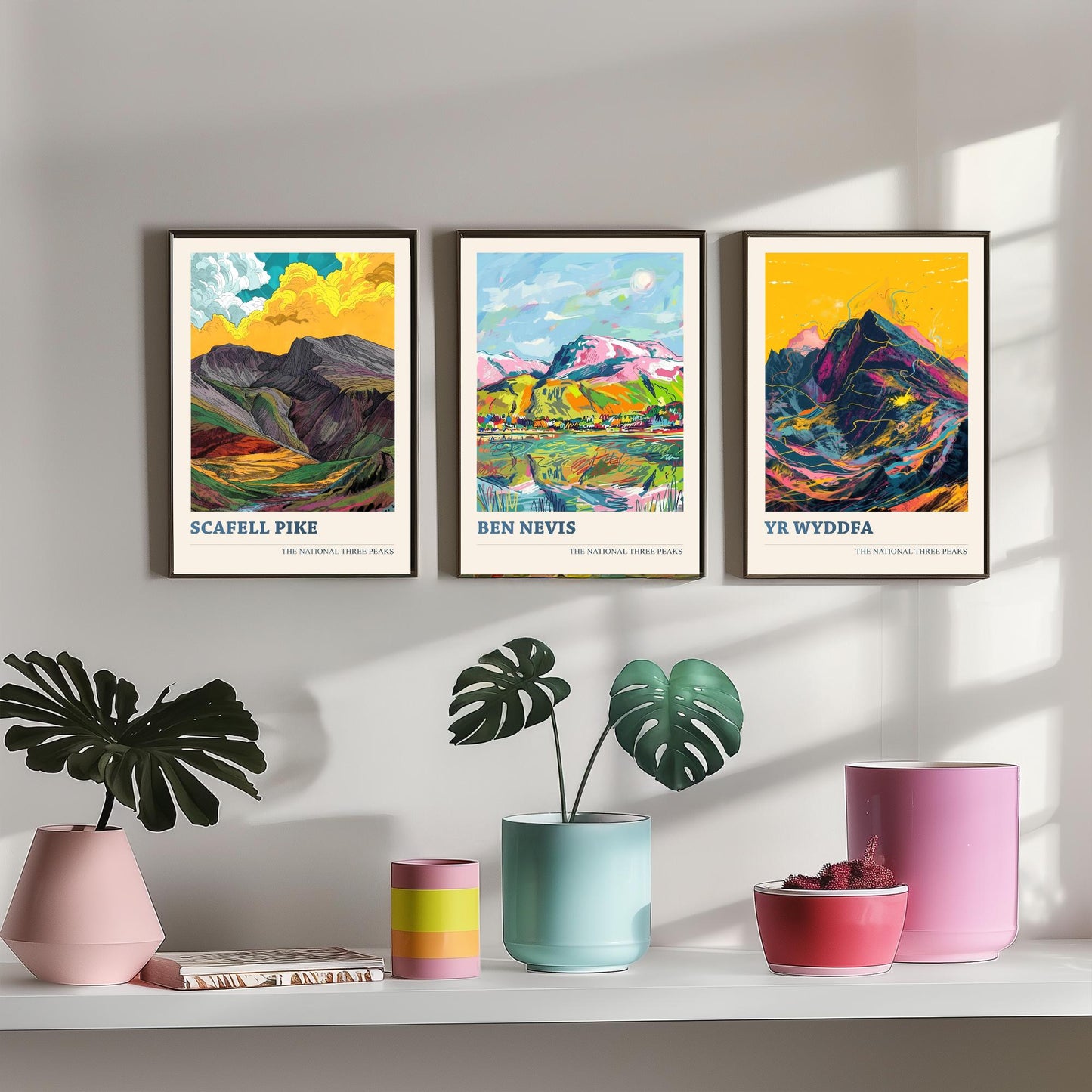 Set of Three National Three Peaks Art Prints - Scafell Pike, Ben Nevis, Yr Wyddfa - 3 Mountain Posters Illustration Gift V2