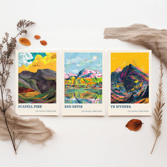 Set of Three National Three Peaks Art Prints - Scafell Pike, Ben Nevis, Yr Wyddfa - 3 Mountain Posters Illustration Gift V2