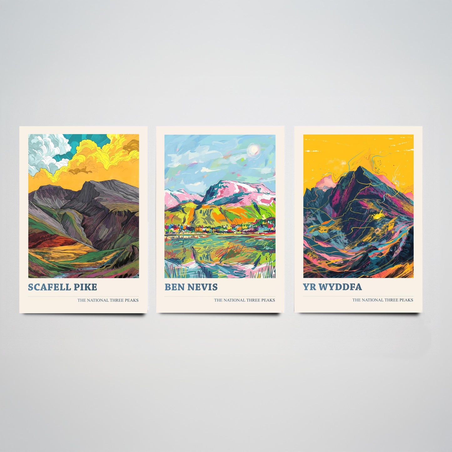 Set of Three National Three Peaks Art Prints - Scafell Pike, Ben Nevis, Yr Wyddfa - 3 Mountain Posters Illustration Gift V2