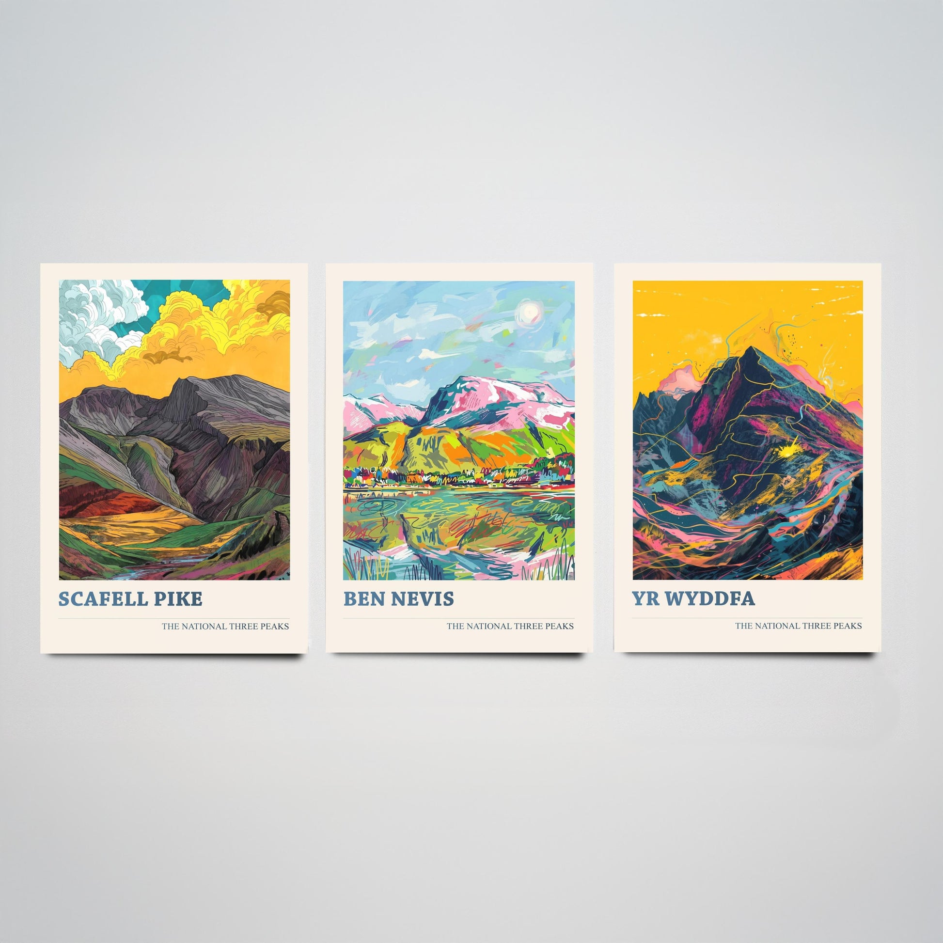 Set of Three National Three Peaks Art Prints - Scafell Pike, Ben Nevis, Yr Wyddfa - 3 Mountain Posters Illustration Gift V2