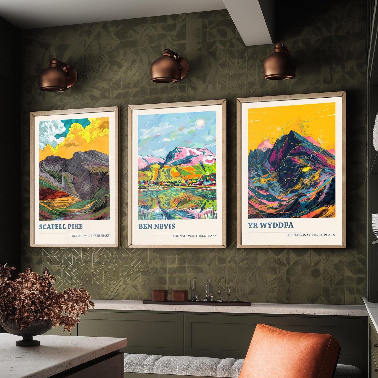 Set of Three National Three Peaks Art Prints - Scafell Pike, Ben Nevis, Yr Wyddfa - 3 Mountain Posters Illustration Gift V2