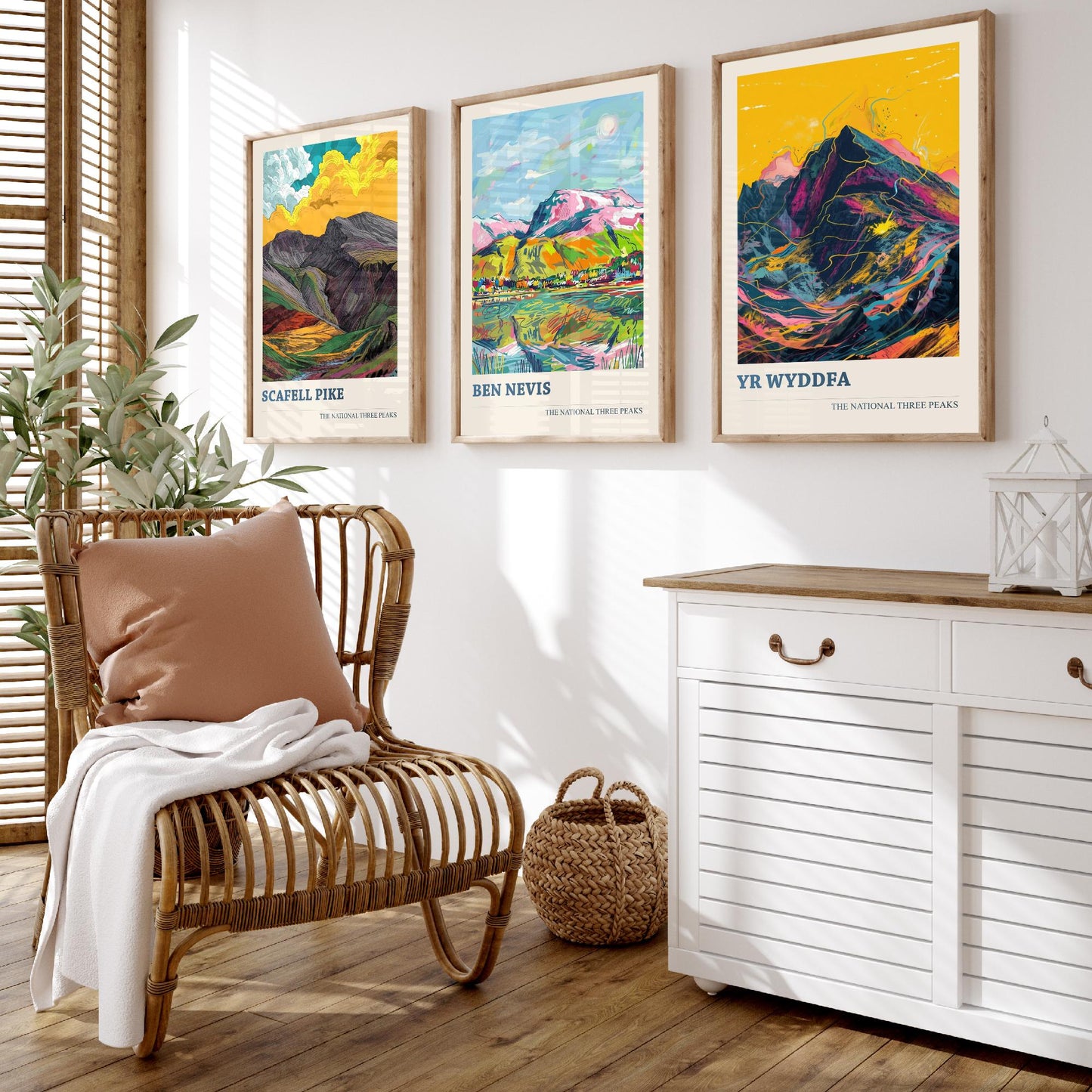 Set of Three National Three Peaks Art Prints - Scafell Pike, Ben Nevis, Yr Wyddfa - 3 Mountain Posters Illustration Gift V2