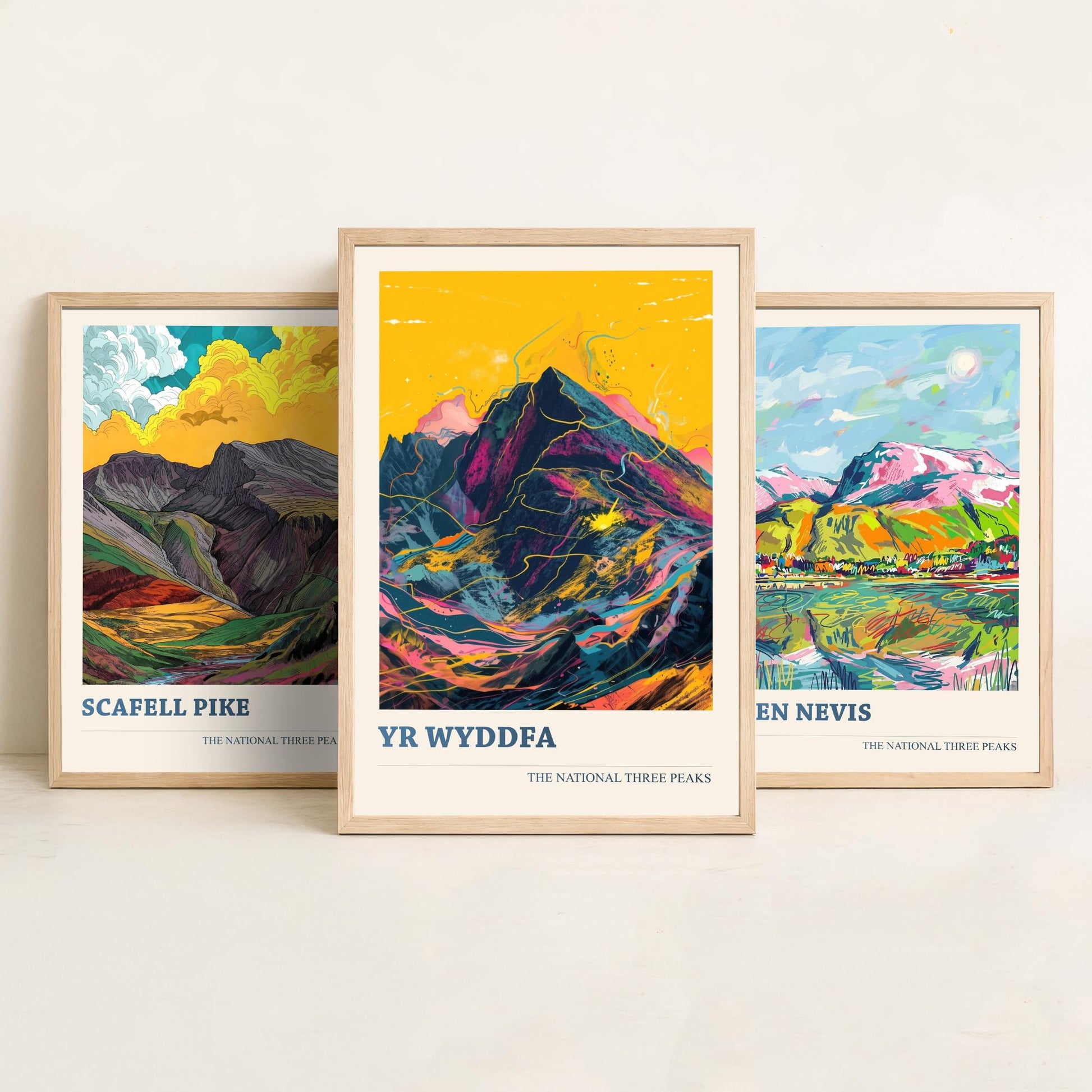 Set of Three National Three Peaks Art Prints - Scafell Pike, Ben Nevis, Yr Wyddfa - 3 Mountain Posters Illustration Gift V2