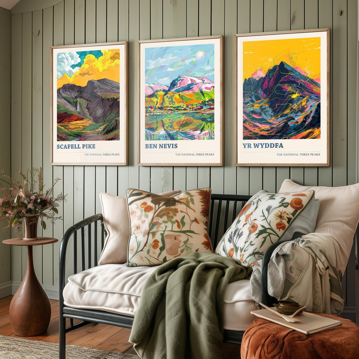 Set of Three National Three Peaks Art Prints - Scafell Pike, Ben Nevis, Yr Wyddfa - 3 Mountain Posters Illustration Gift V2