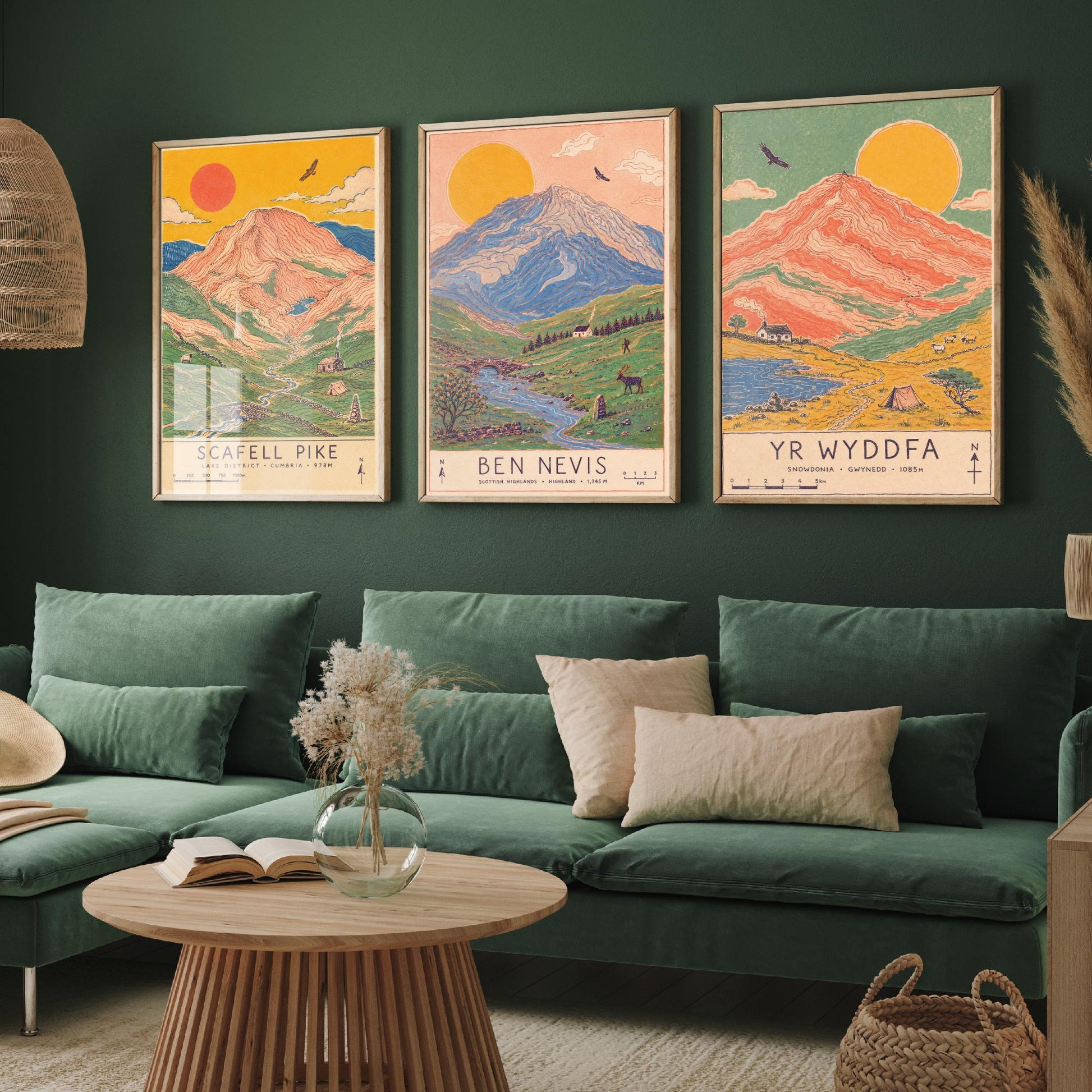 National Three Peaks Set of Three Travel Posters - Scafell Pike, Ben Nevis, Yr Wyddfa - Art Print Illustration Gift Hiking