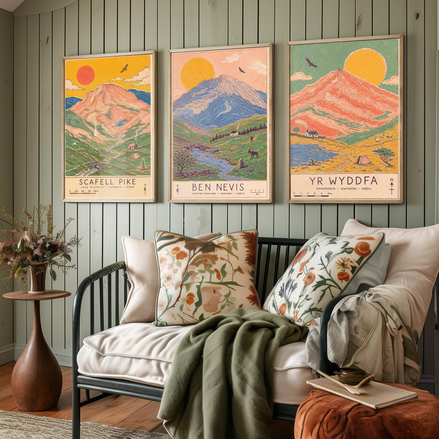 National Three Peaks Set of Three Travel Posters - Scafell Pike, Ben Nevis, Yr Wyddfa - Art Print Illustration Gift Hiking