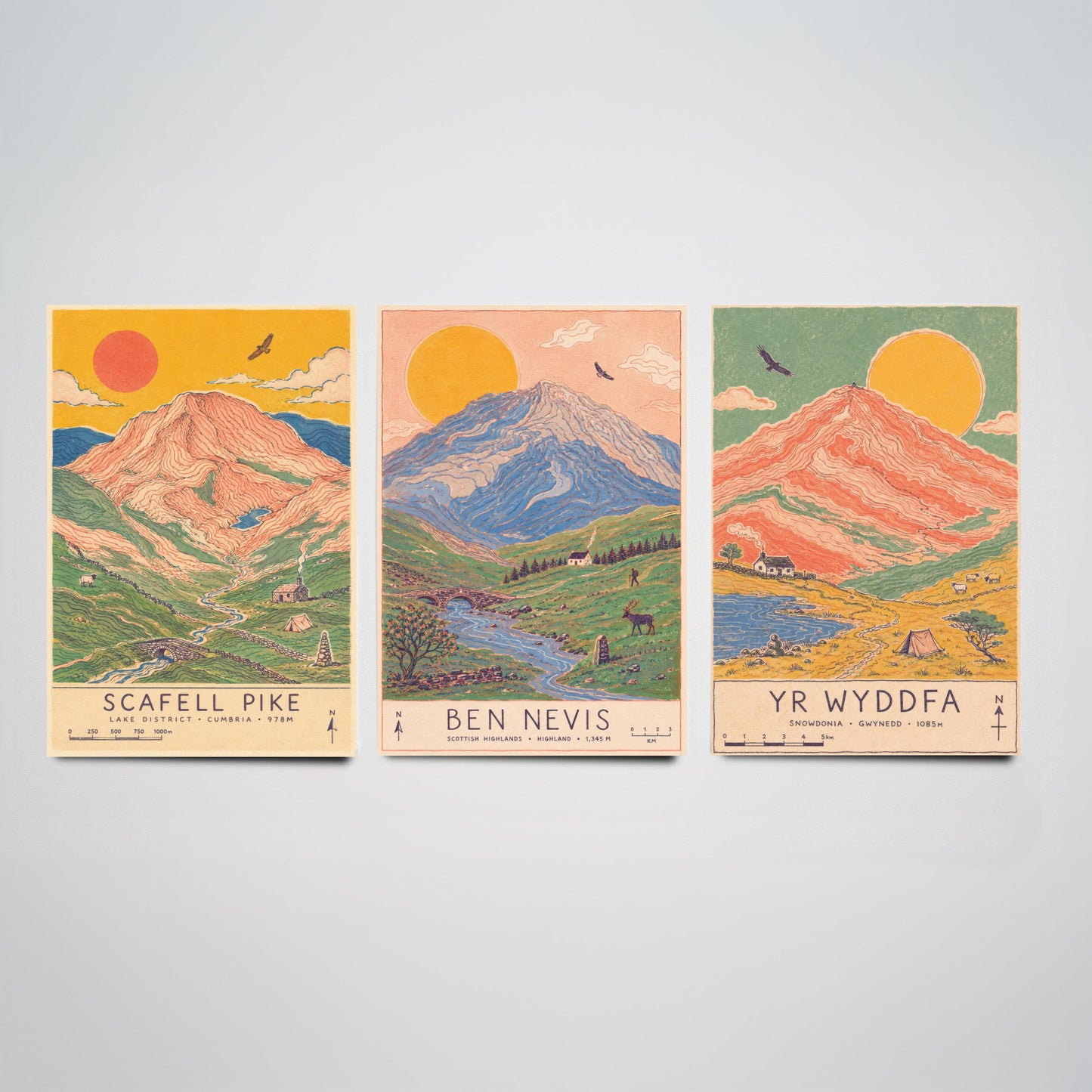 National Three Peaks Set of Three Travel Posters - Scafell Pike, Ben Nevis, Yr Wyddfa - Art Print Illustration Gift Hiking