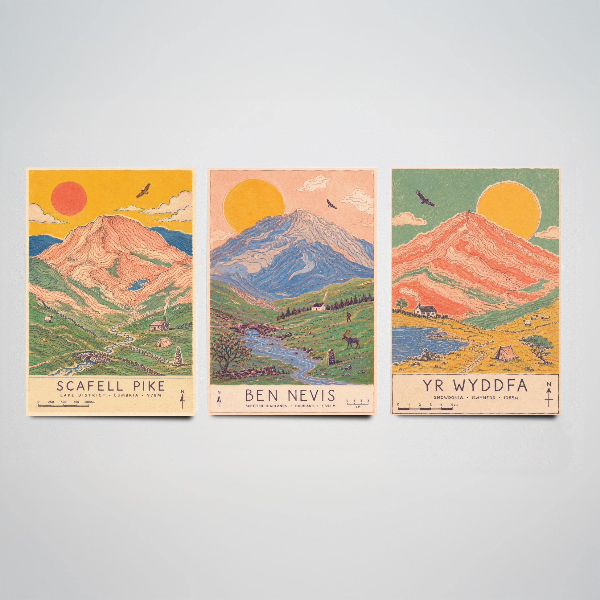 National Three Peaks Set of Three Travel Posters - Scafell Pike, Ben Nevis, Yr Wyddfa - Art Print Illustration Gift Hiking