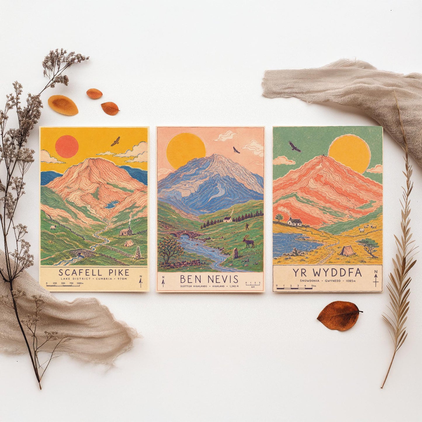 National Three Peaks Set of Three Travel Posters - Scafell Pike, Ben Nevis, Yr Wyddfa - Art Print Illustration Gift Hiking