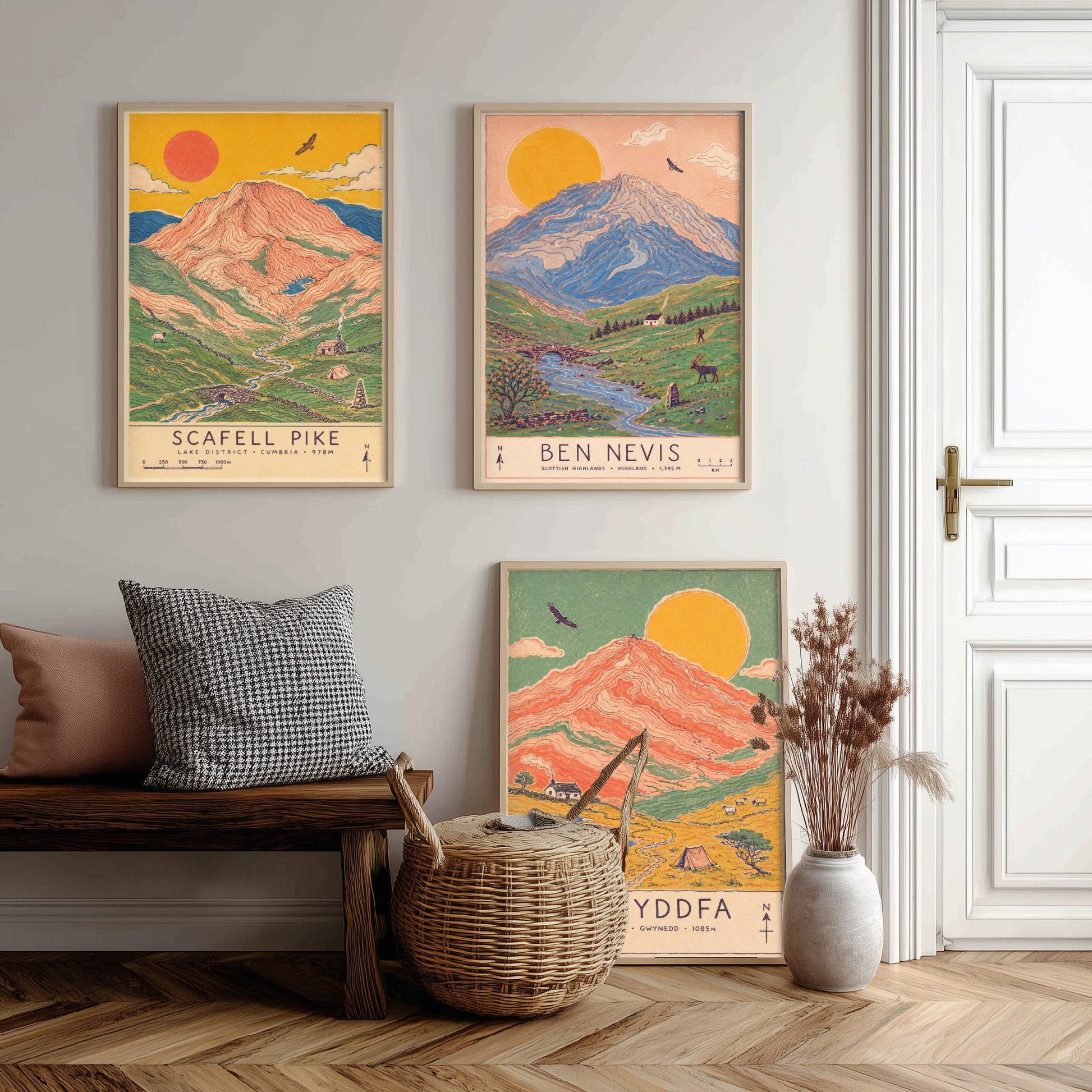 National Three Peaks Set of Three Travel Posters - Scafell Pike, Ben Nevis, Yr Wyddfa - Art Print Illustration Gift Hiking