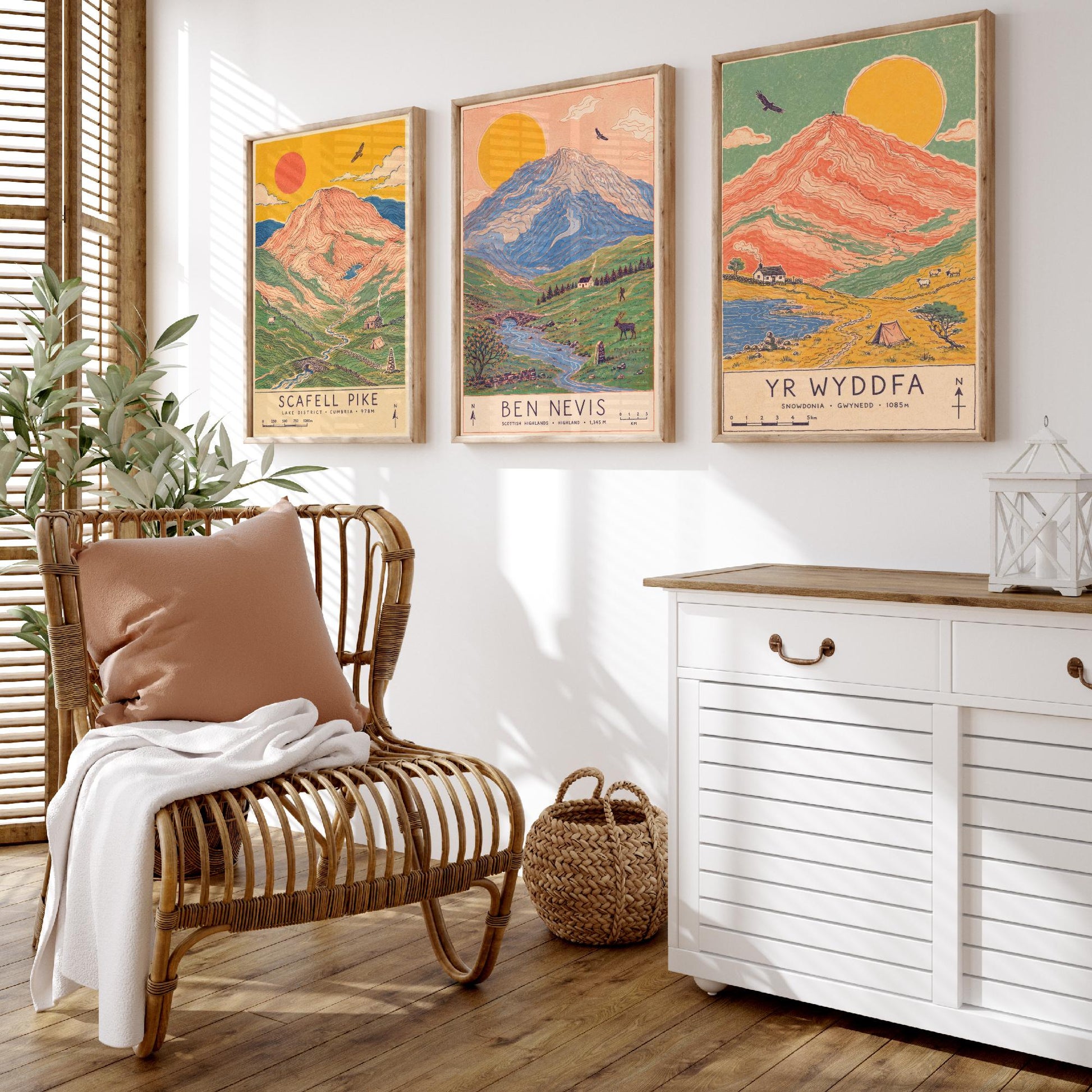 National Three Peaks Set of Three Travel Posters - Scafell Pike, Ben Nevis, Yr Wyddfa - Art Print Illustration Gift Hiking