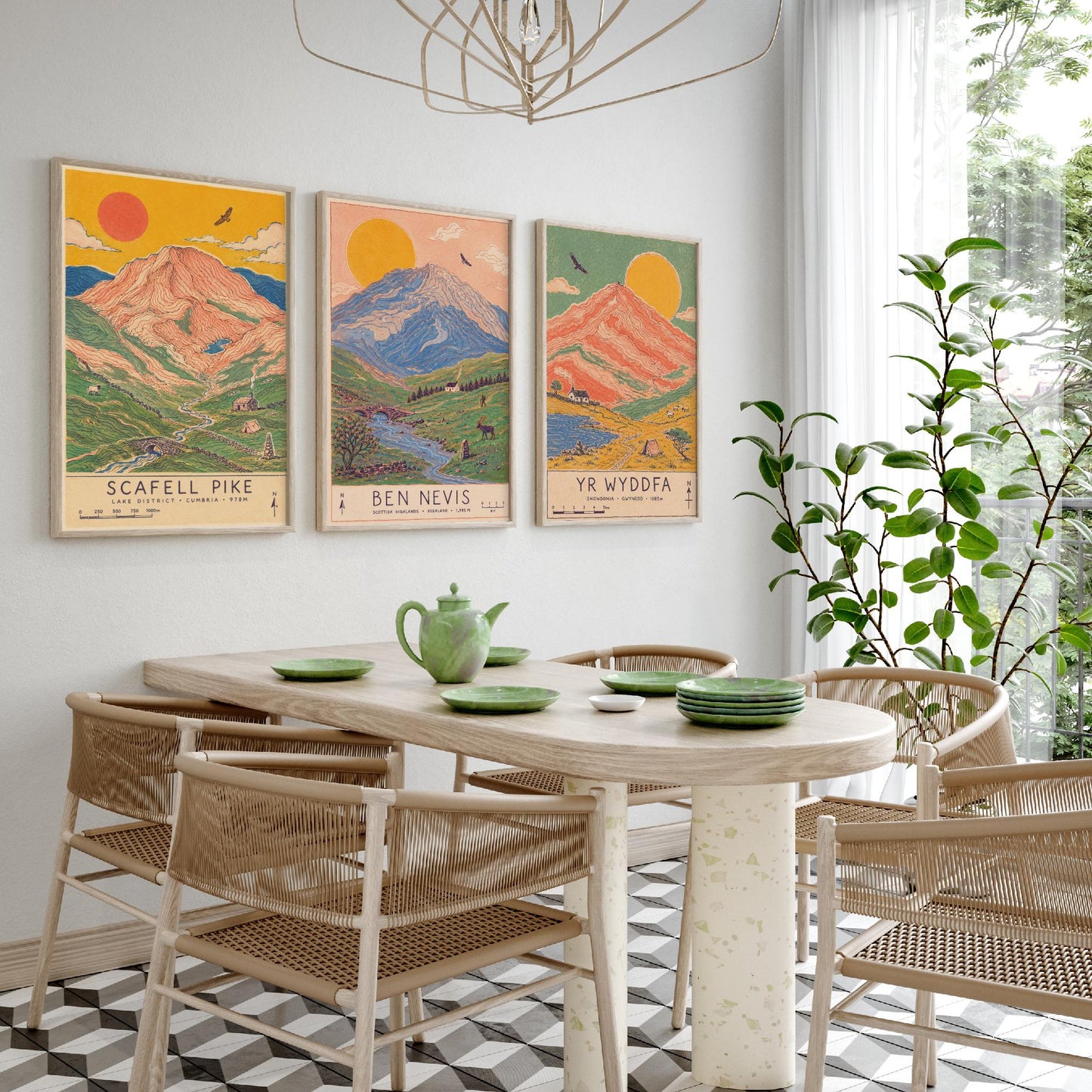 National Three Peaks Set of Three Travel Posters - Scafell Pike, Ben Nevis, Yr Wyddfa - Art Print Illustration Gift Hiking