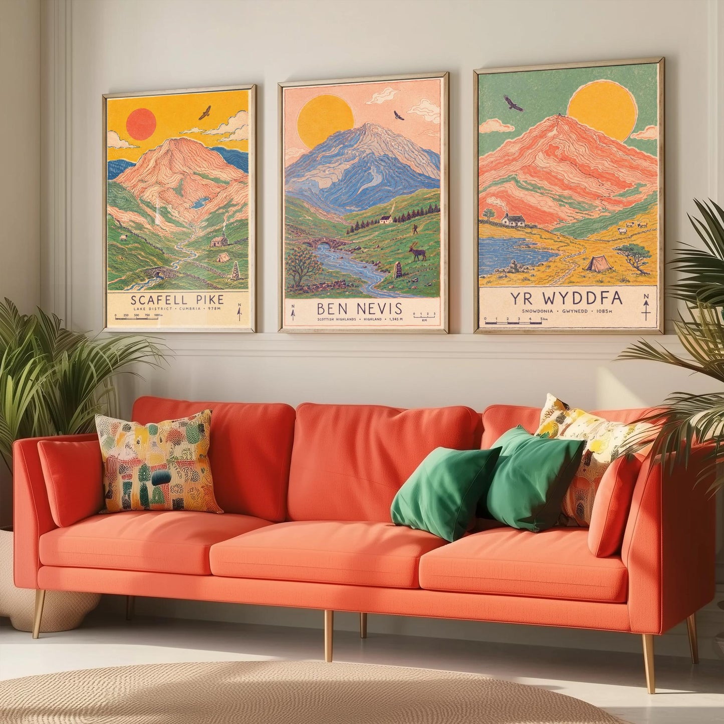 National Three Peaks Set of Three Travel Posters - Scafell Pike, Ben Nevis, Yr Wyddfa - Art Print Illustration Gift Hiking
