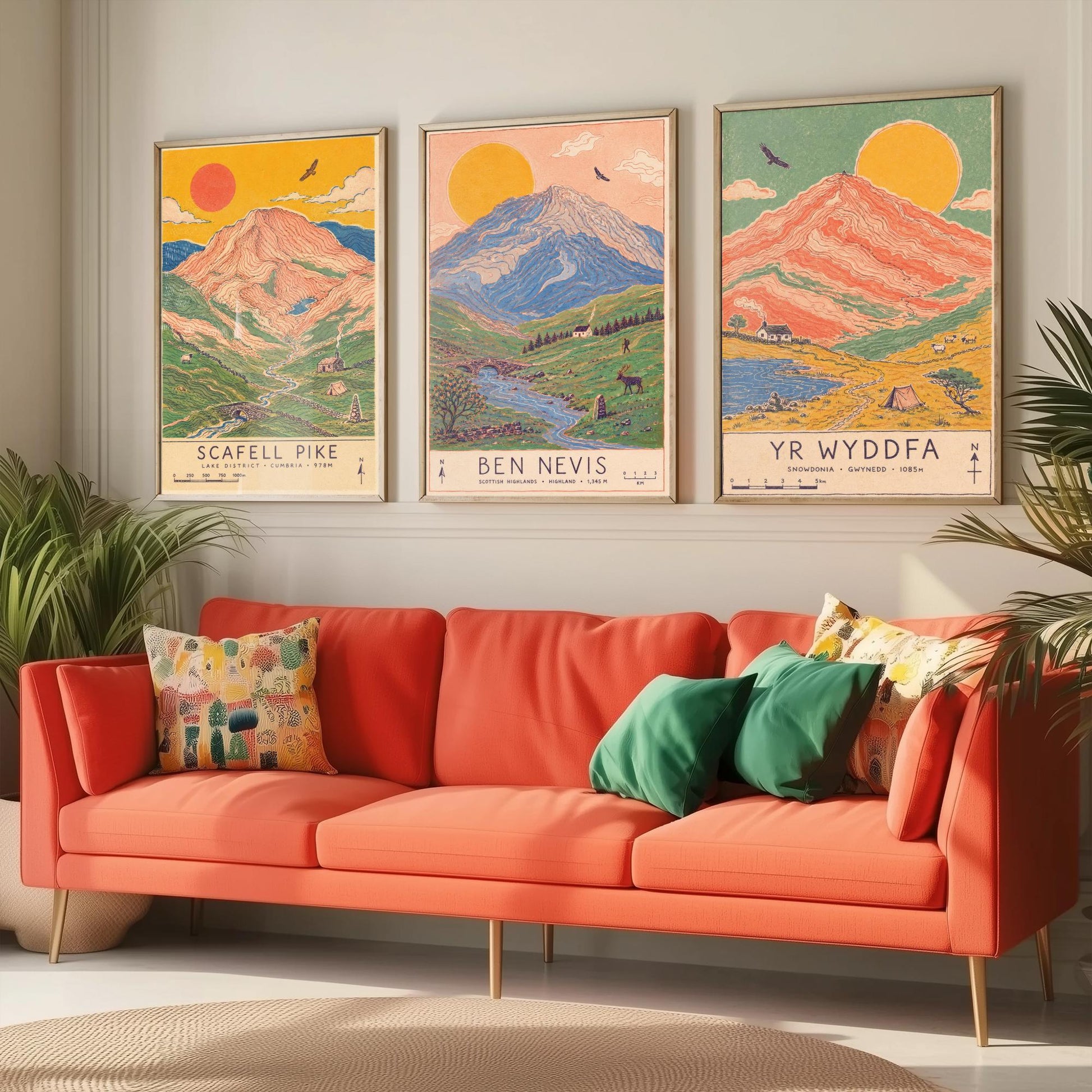 National Three Peaks Set of Three Travel Posters - Scafell Pike, Ben Nevis, Yr Wyddfa - Art Print Illustration Gift Hiking