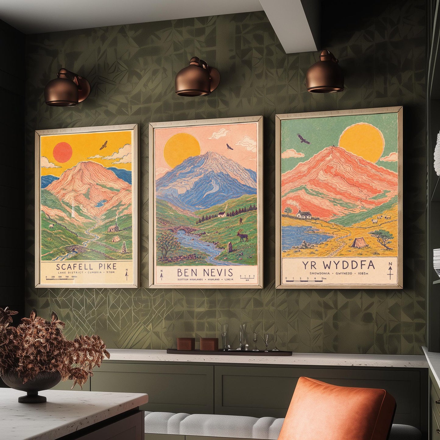 National Three Peaks Set of Three Travel Posters - Scafell Pike, Ben Nevis, Yr Wyddfa - Art Print Illustration Gift Hiking
