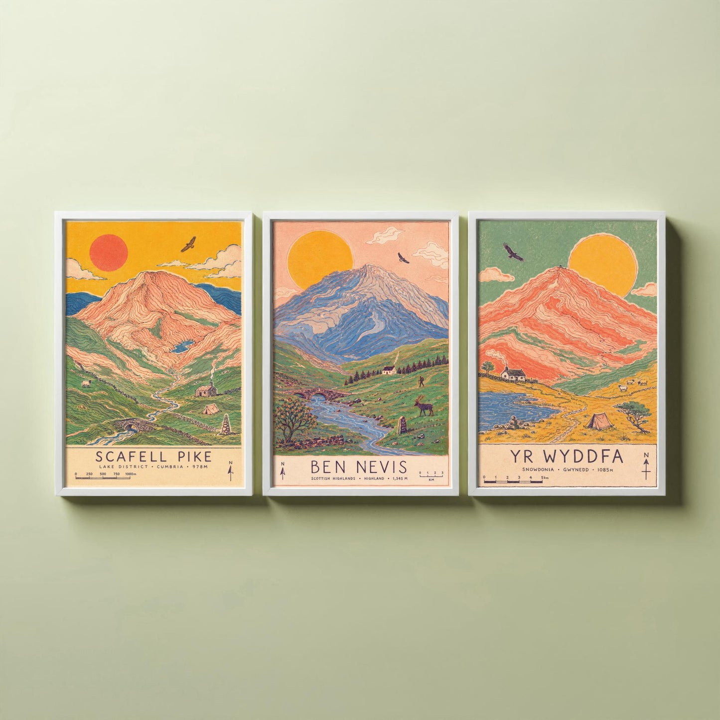 National Three Peaks Set of Three Travel Posters - Scafell Pike, Ben Nevis, Yr Wyddfa - Art Print Illustration Gift Hiking