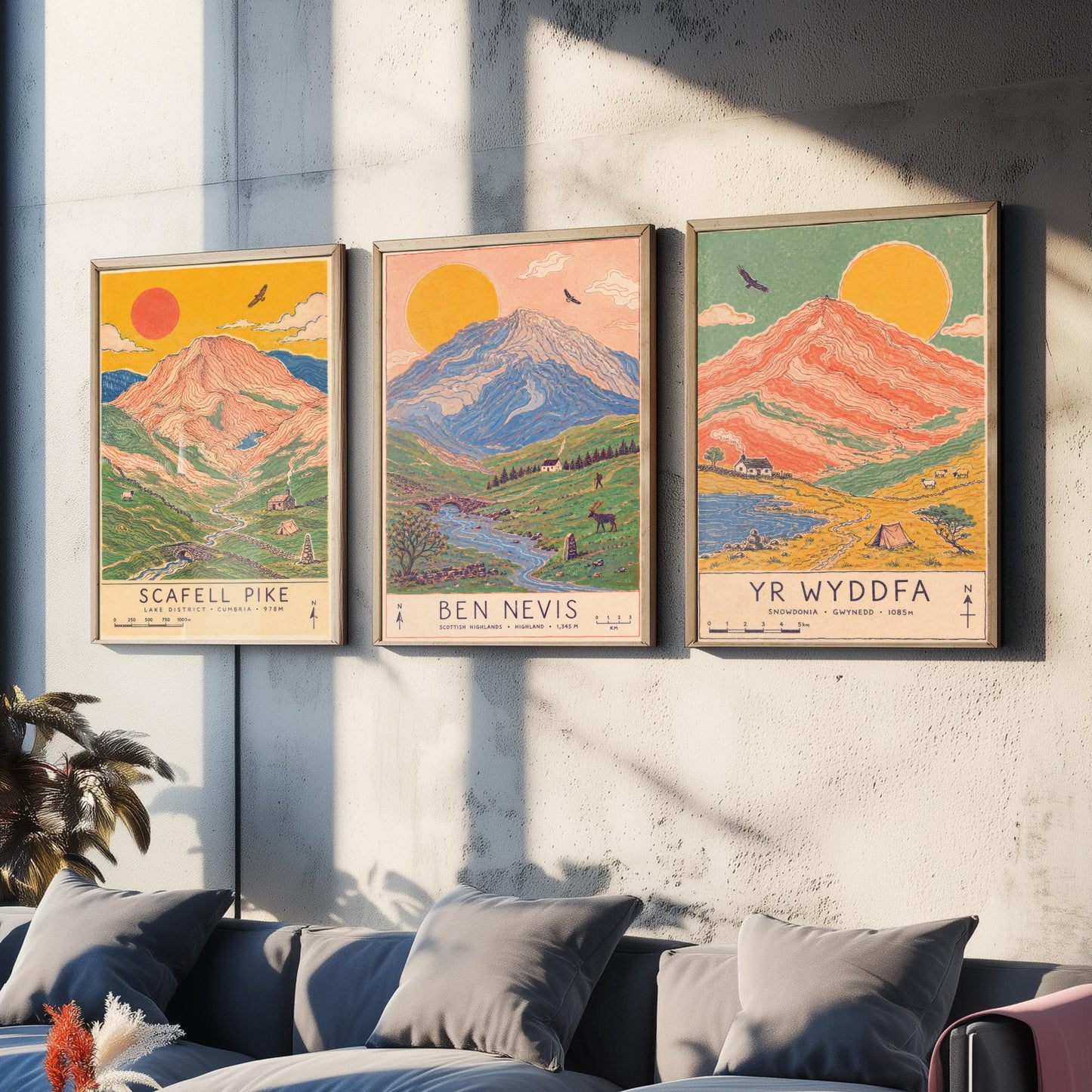 National Three Peaks Set of Three Travel Posters - Scafell Pike, Ben Nevis, Yr Wyddfa - Art Print Illustration Gift Hiking