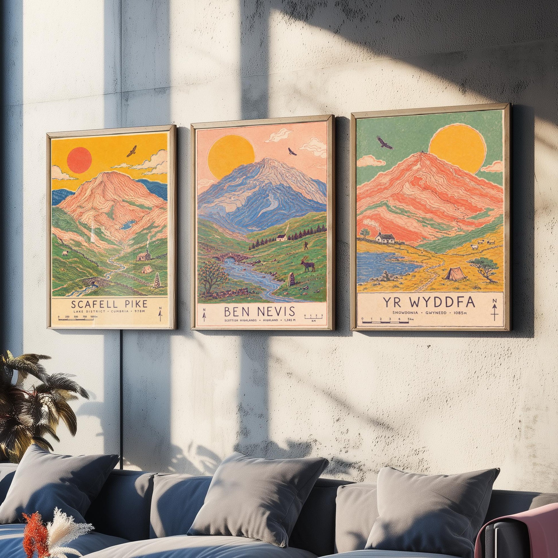 National Three Peaks Set of Three Travel Posters - Scafell Pike, Ben Nevis, Yr Wyddfa - Art Print Illustration Gift Hiking