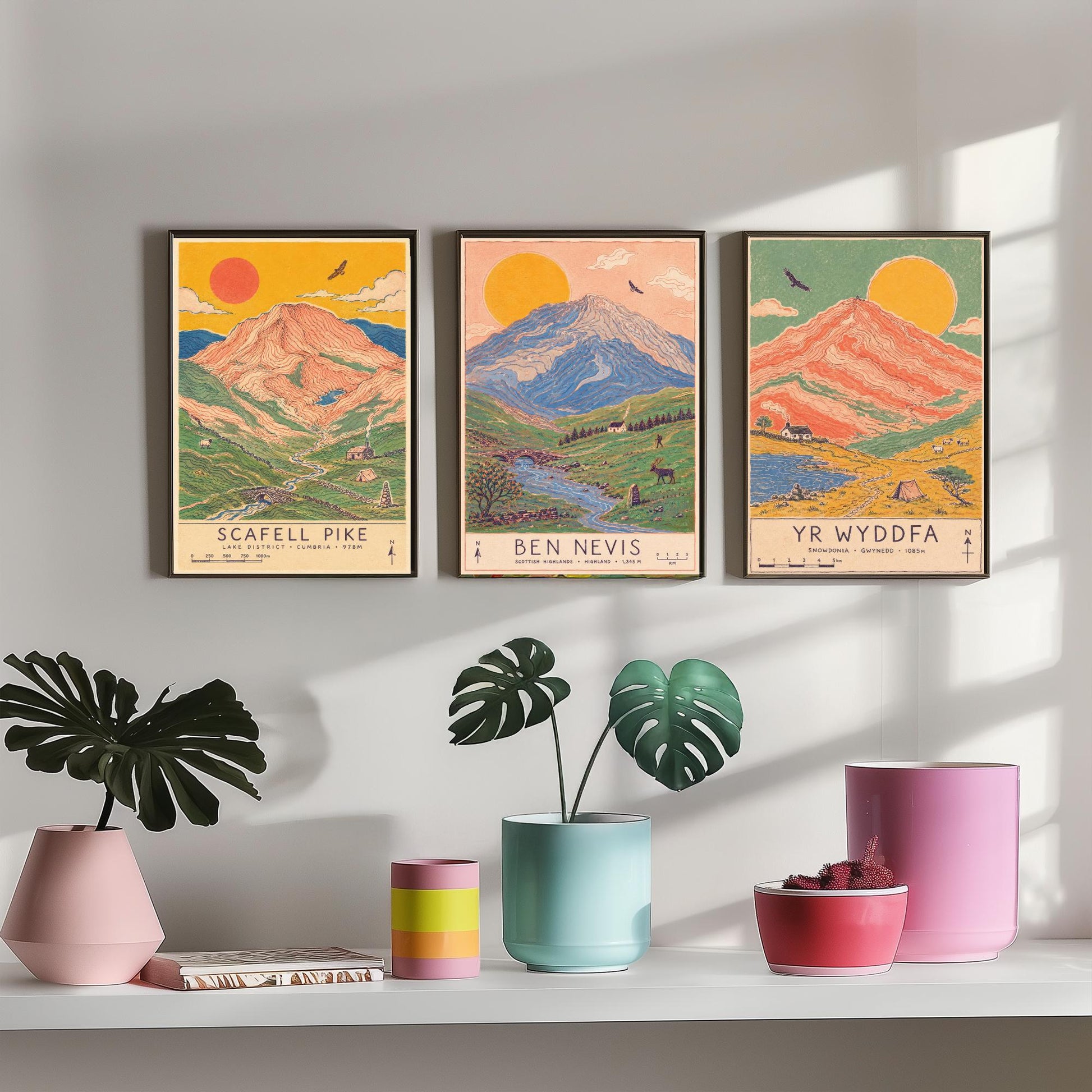 National Three Peaks Set of Three Travel Posters - Scafell Pike, Ben Nevis, Yr Wyddfa - Art Print Illustration Gift Hiking