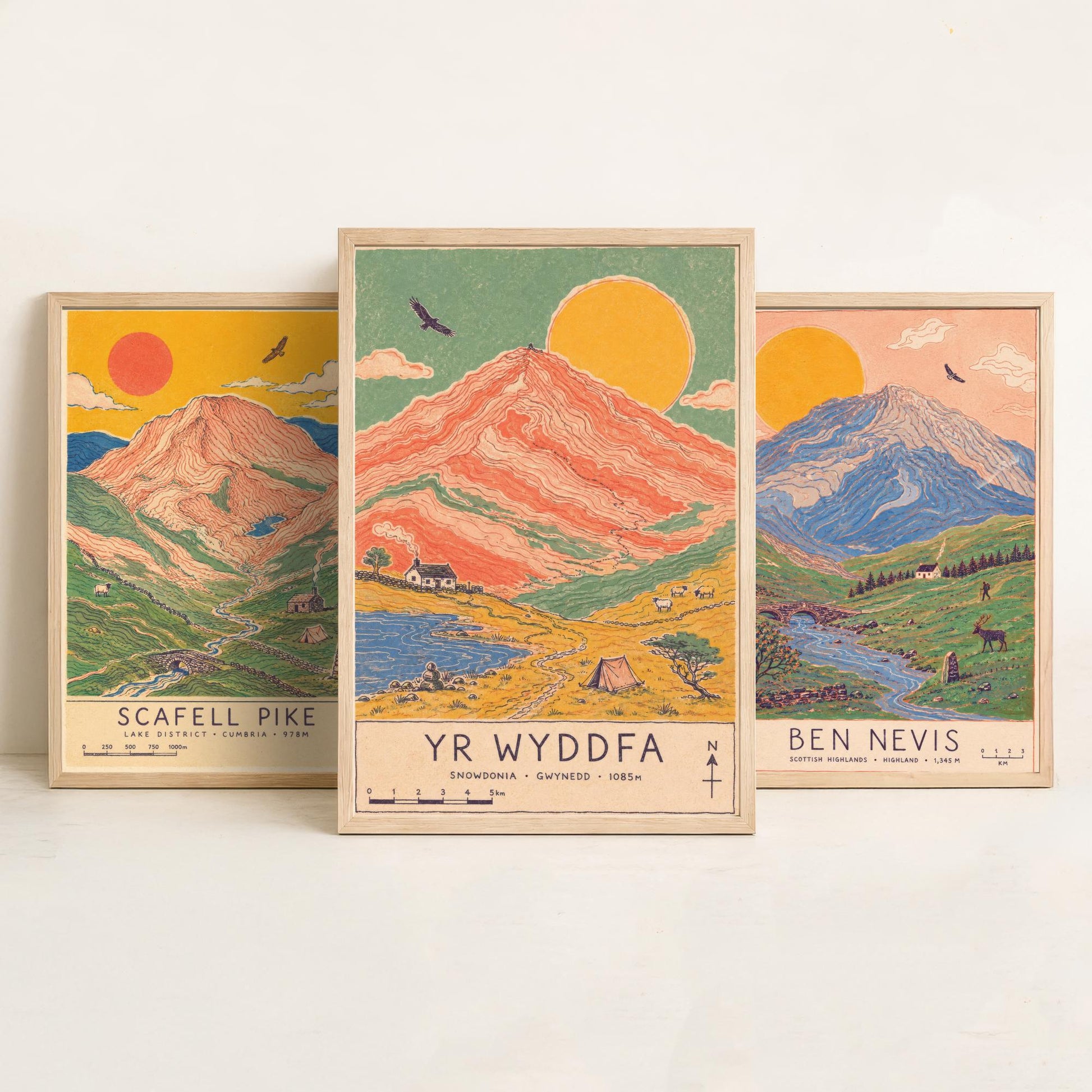 National Three Peaks Set of Three Travel Posters - Scafell Pike, Ben Nevis, Yr Wyddfa - Art Print Illustration Gift Hiking
