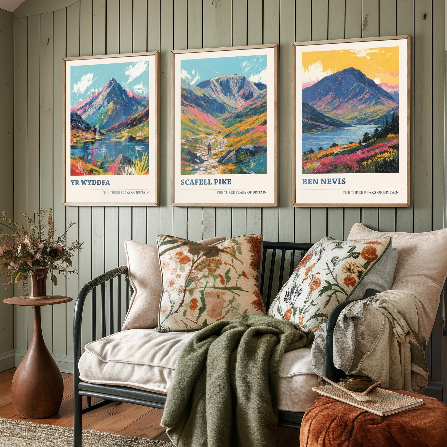 Set of Three National Three Peaks Art Prints - Yr Wyddfa, Scafell Pike, Ben Nevis - 3 Mountain Posters Illustration Gift V3