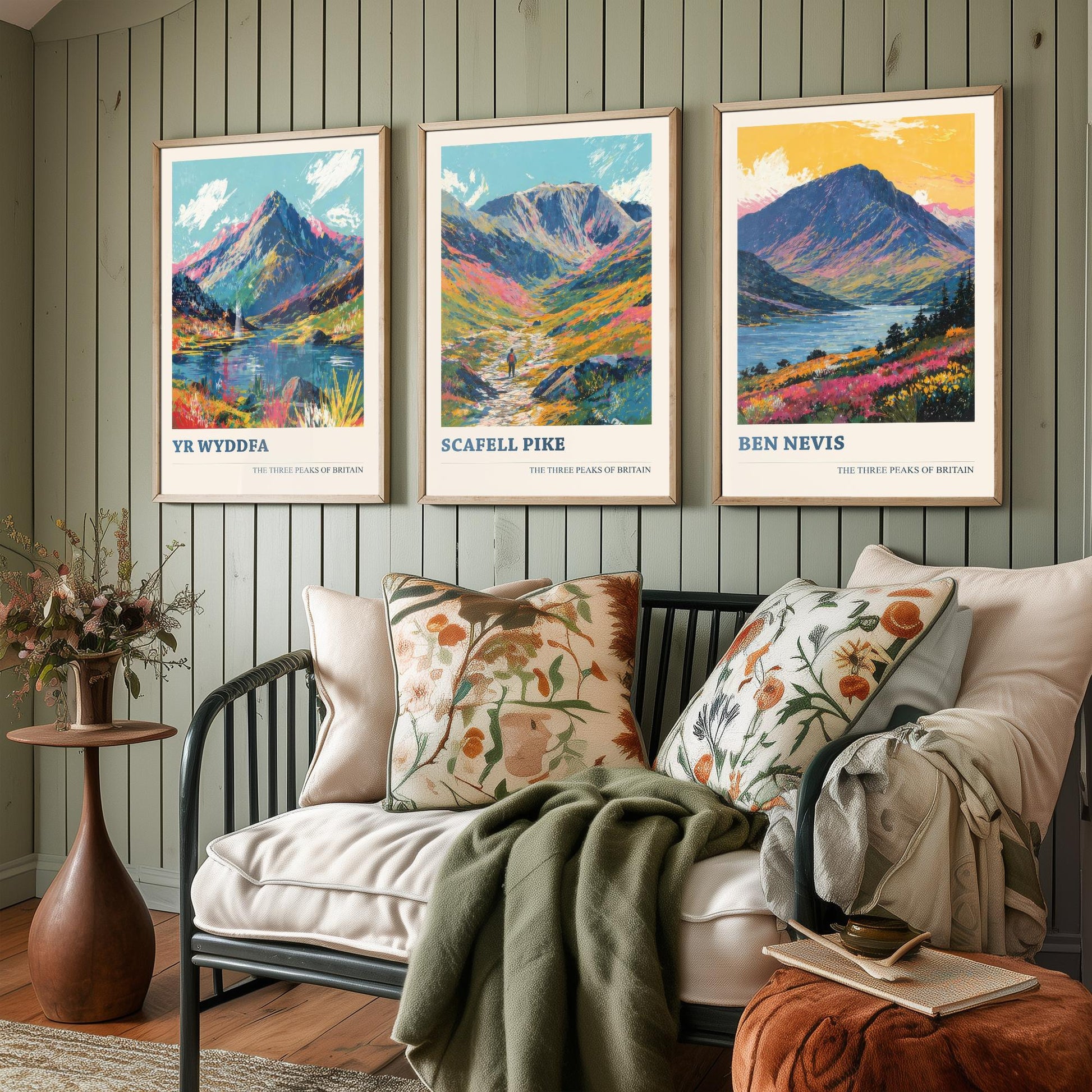 Set of Three National Three Peaks Art Prints - Yr Wyddfa, Scafell Pike, Ben Nevis - 3 Mountain Posters Illustration Gift V3