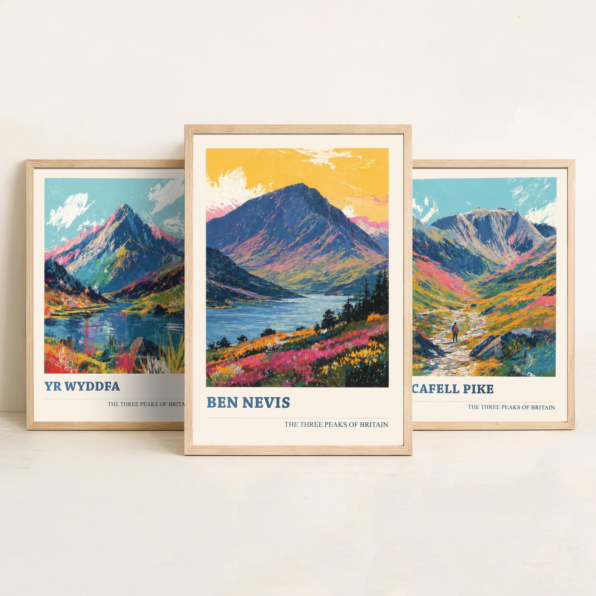 Set of Three National Three Peaks Art Prints - Yr Wyddfa, Scafell Pike, Ben Nevis - 3 Mountain Posters Illustration Gift V3