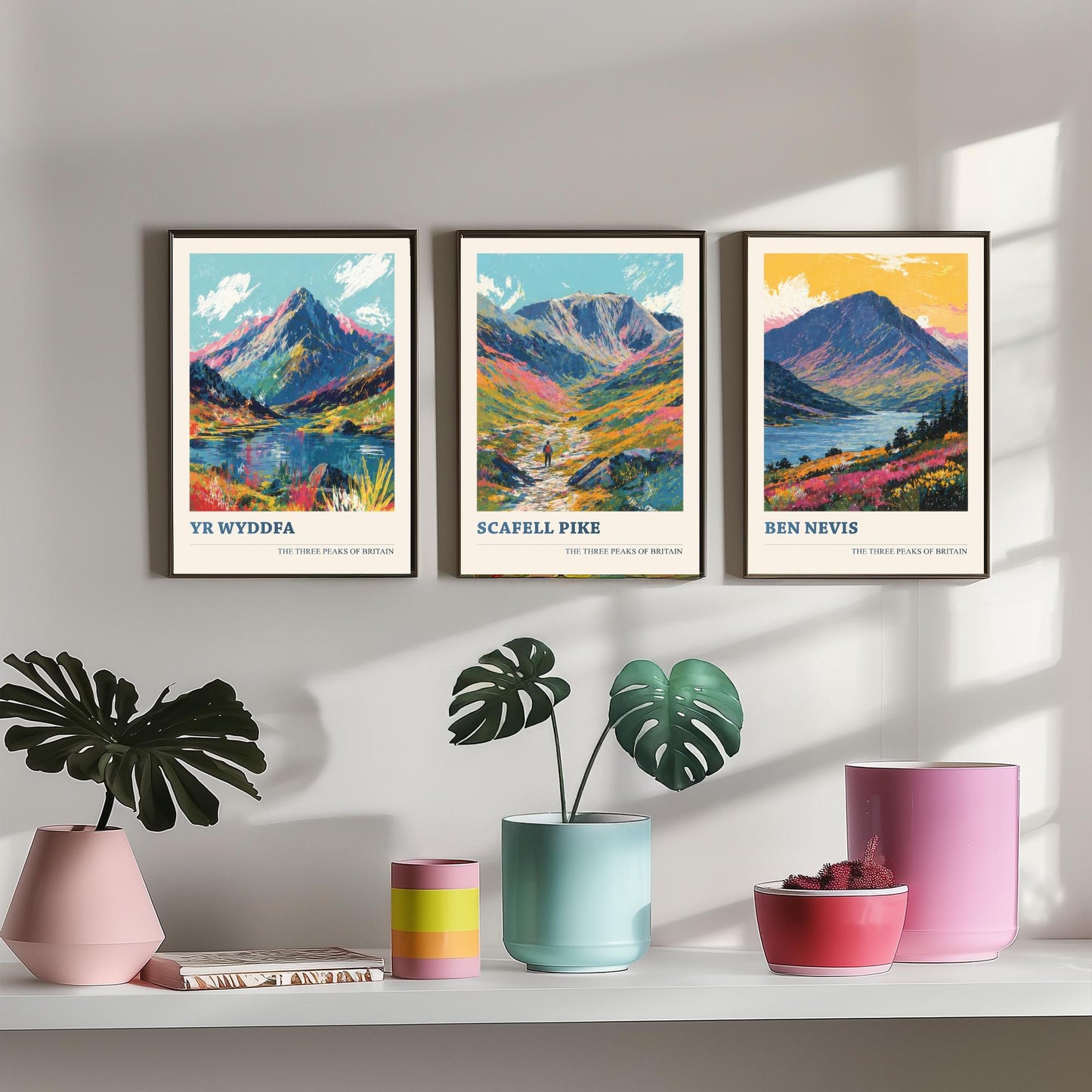 Set of Three National Three Peaks Art Prints - Yr Wyddfa, Scafell Pike, Ben Nevis - 3 Mountain Posters Illustration Gift V3