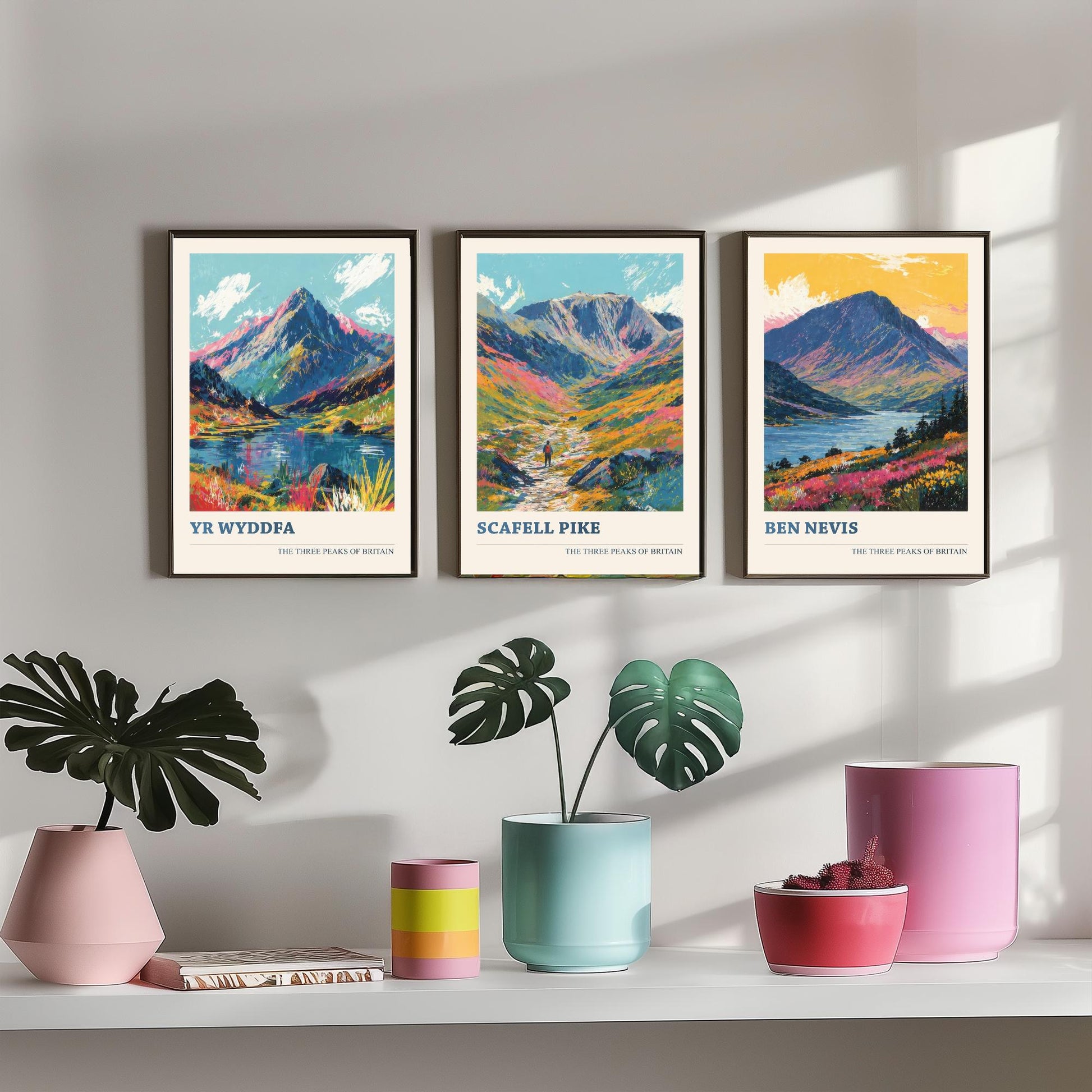 Set of Three National Three Peaks Art Prints - Yr Wyddfa, Scafell Pike, Ben Nevis - 3 Mountain Posters Illustration Gift V3