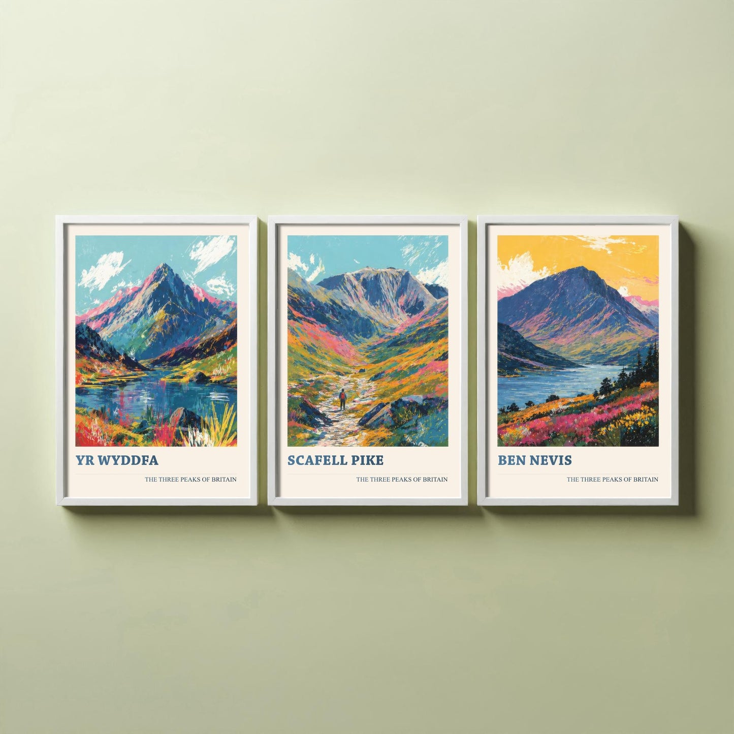 Set of Three National Three Peaks Art Prints - Yr Wyddfa, Scafell Pike, Ben Nevis - 3 Mountain Posters Illustration Gift V3