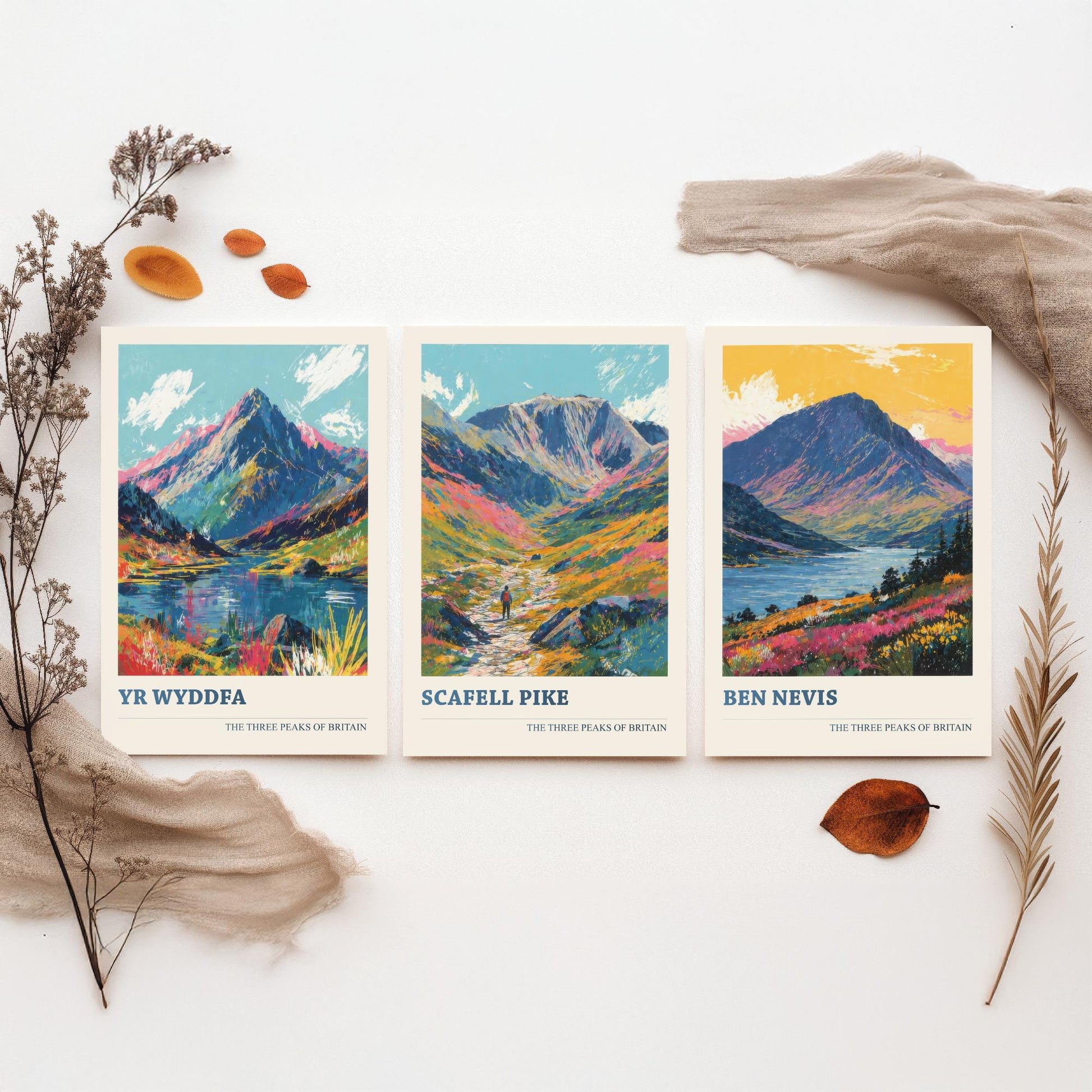 Set of Three National Three Peaks Art Prints - Yr Wyddfa, Scafell Pike, Ben Nevis - 3 Mountain Posters Illustration Gift V3