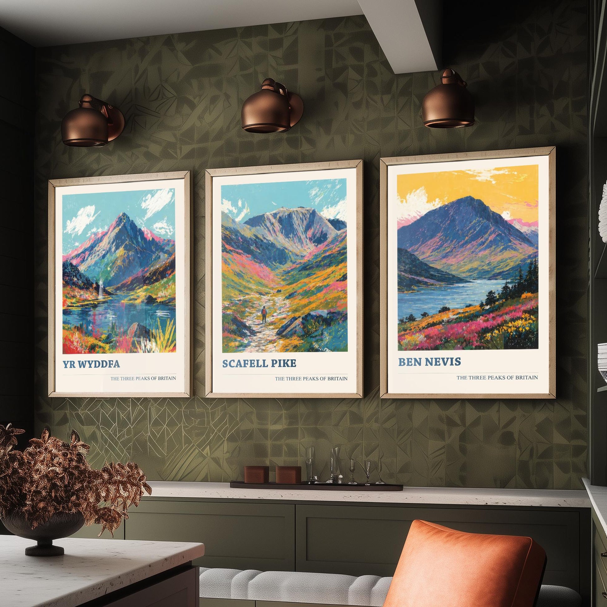 Set of Three National Three Peaks Art Prints - Yr Wyddfa, Scafell Pike, Ben Nevis - 3 Mountain Posters Illustration Gift V3