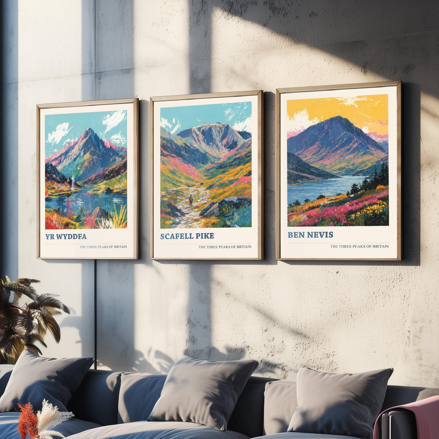 Set of Three National Three Peaks Art Prints - Yr Wyddfa, Scafell Pike, Ben Nevis - 3 Mountain Posters Illustration Gift V3