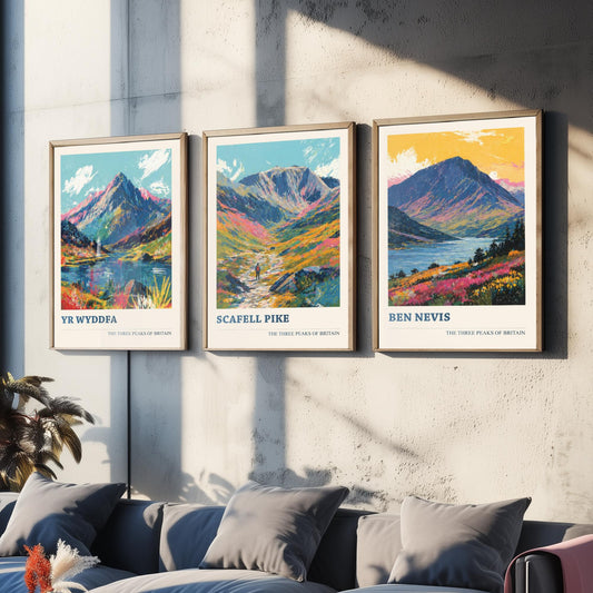 Set of Three National Three Peaks Art Prints - Yr Wyddfa, Scafell Pike, Ben Nevis - 3 Mountain Posters Illustration Gift V3