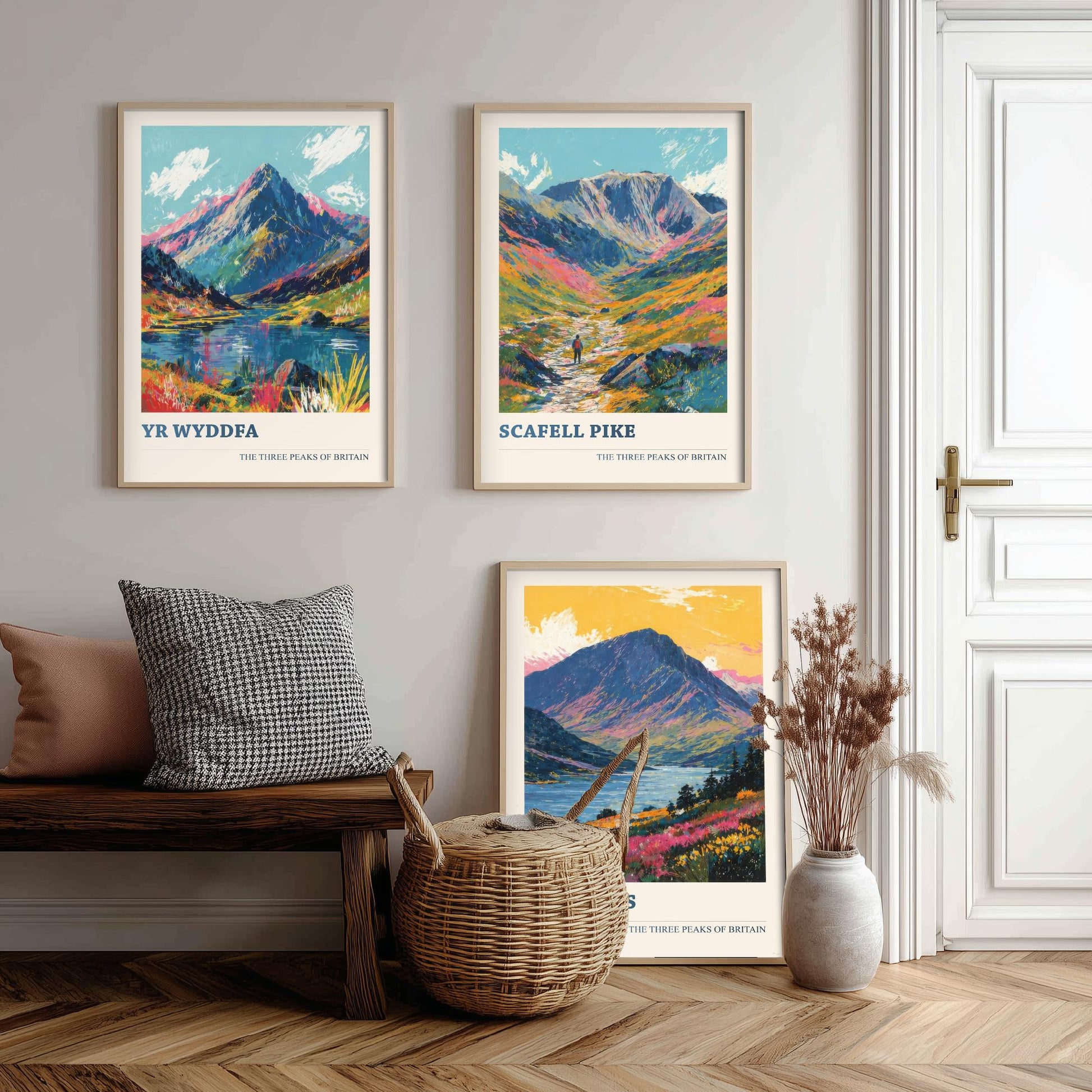 Set of Three National Three Peaks Art Prints - Yr Wyddfa, Scafell Pike, Ben Nevis - 3 Mountain Posters Illustration Gift V3