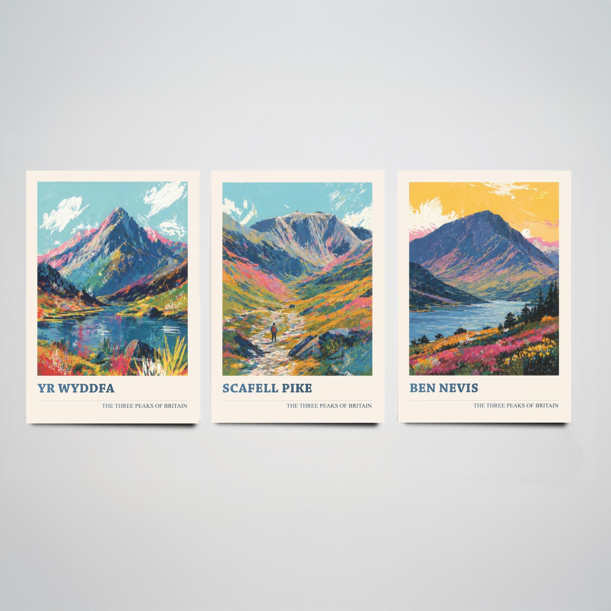 Set of Three National Three Peaks Art Prints - Yr Wyddfa, Scafell Pike, Ben Nevis - 3 Mountain Posters Illustration Gift V3