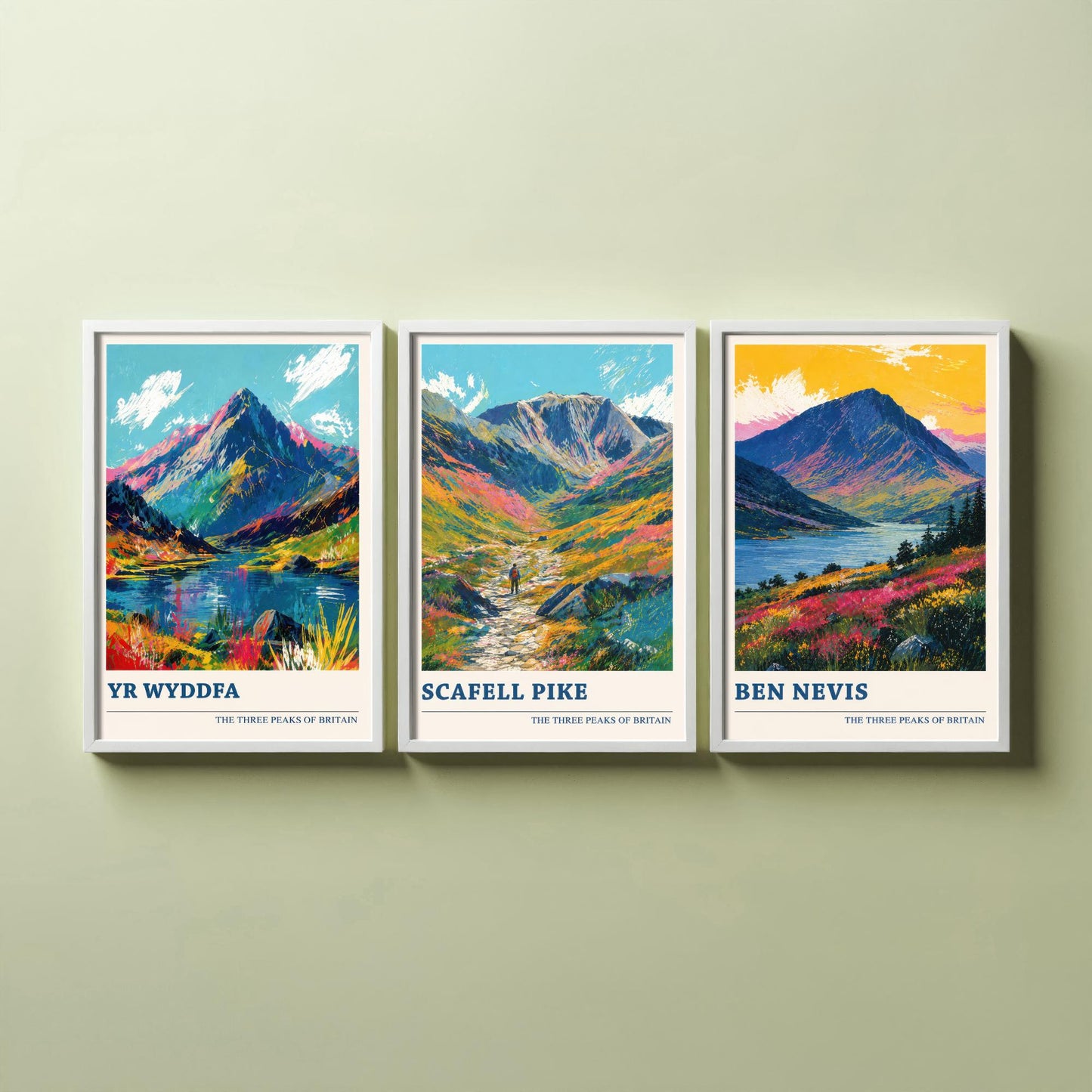 Set of Three National Three Peaks Travel Posters - Yr Wyddfa, Scafell Pike, Ben Nevis - Vibrant Art Print Painting Gift V4