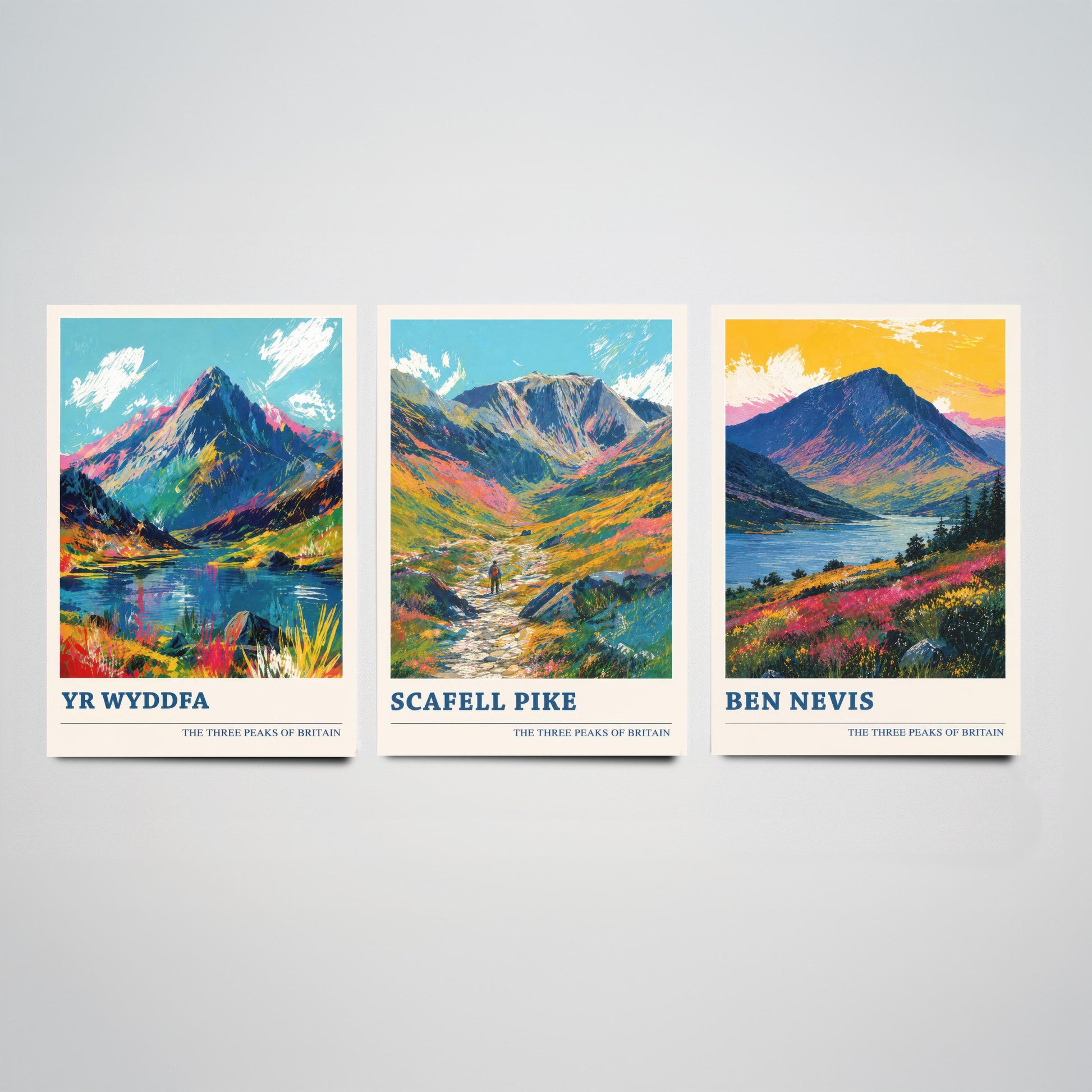 Set of Three National Three Peaks Travel Posters - Yr Wyddfa, Scafell Pike, Ben Nevis - Vibrant Art Print Painting Gift V4