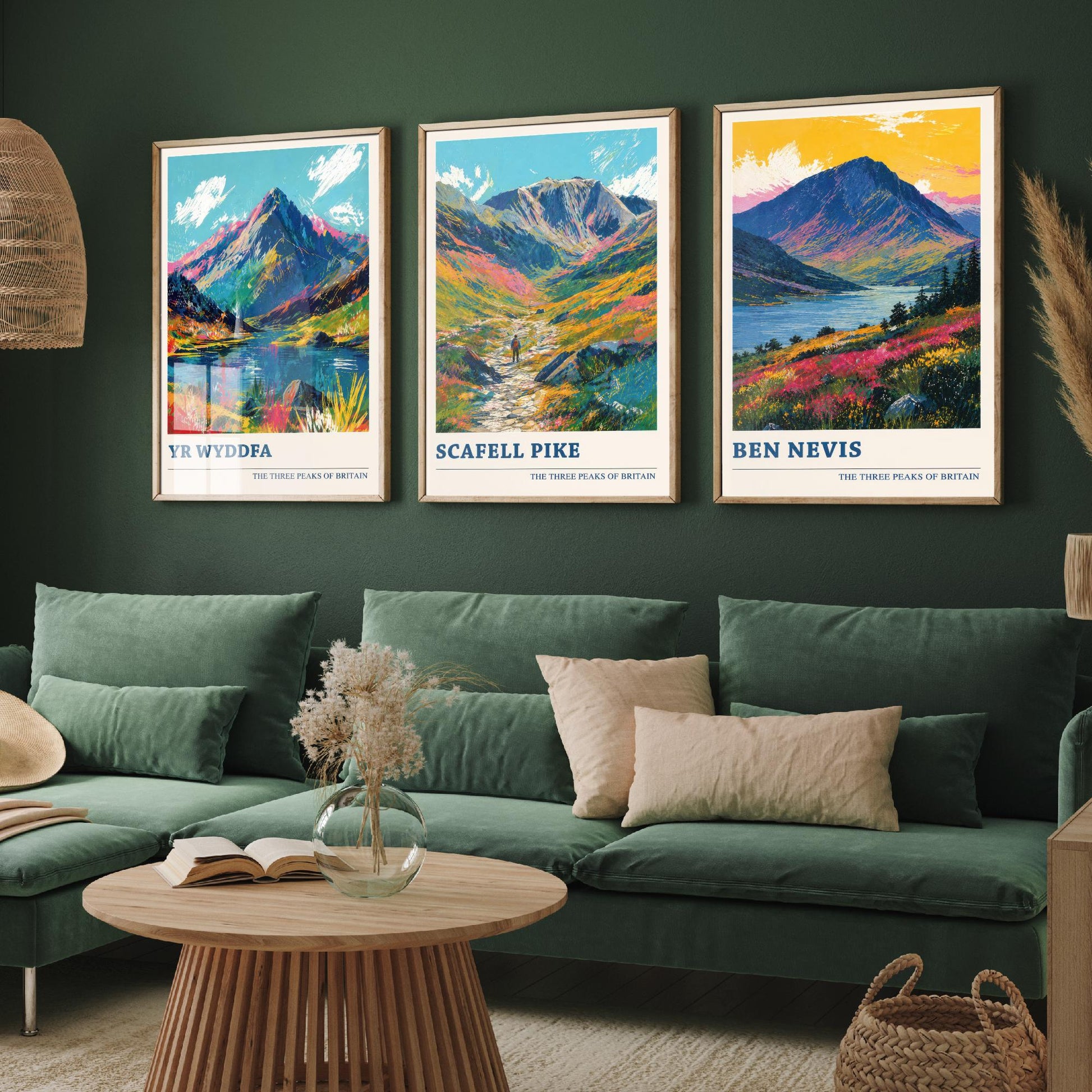 Set of Three National Three Peaks Travel Posters - Yr Wyddfa, Scafell Pike, Ben Nevis - Vibrant Art Print Painting Gift V4