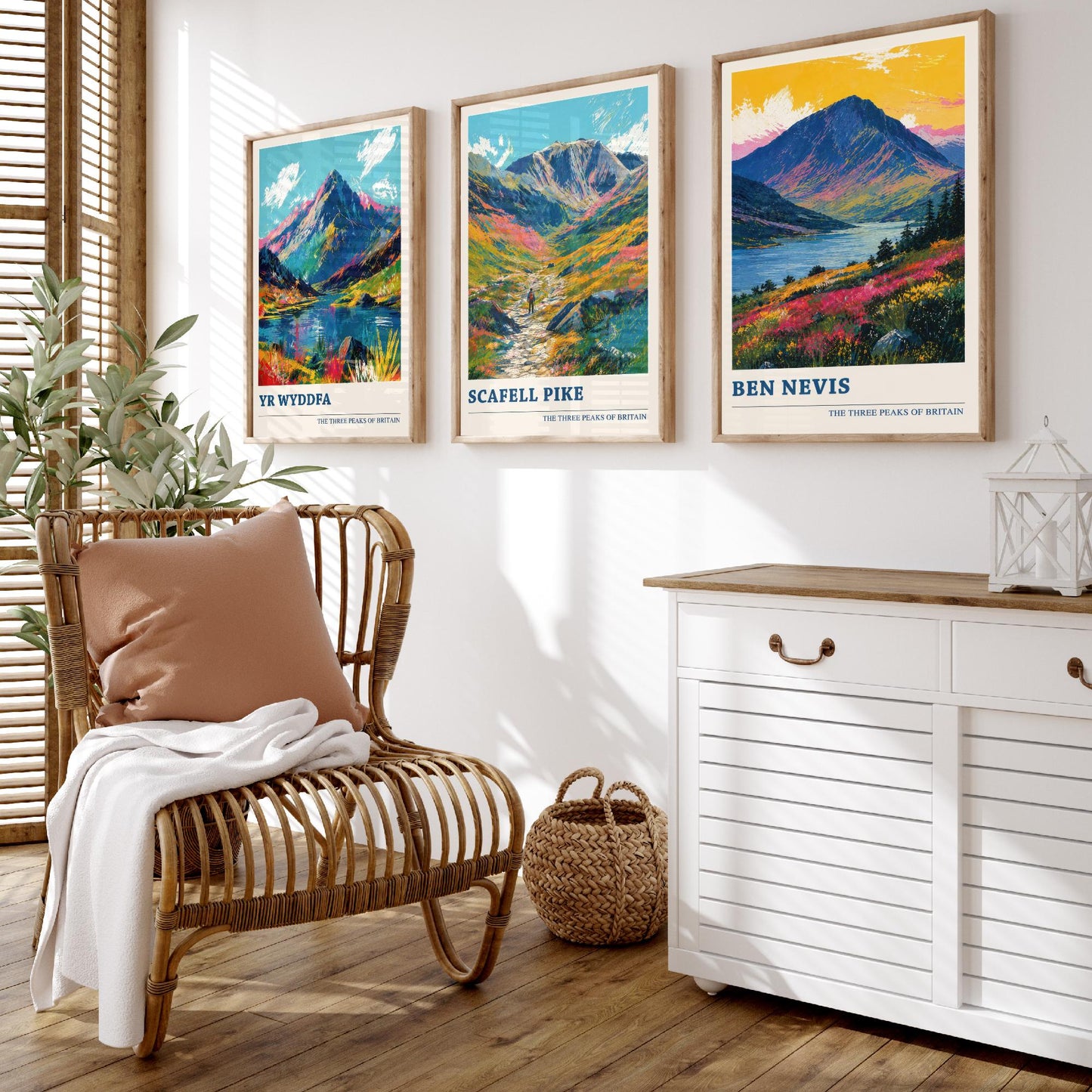 Set of Three National Three Peaks Travel Posters - Yr Wyddfa, Scafell Pike, Ben Nevis - Vibrant Art Print Painting Gift V4