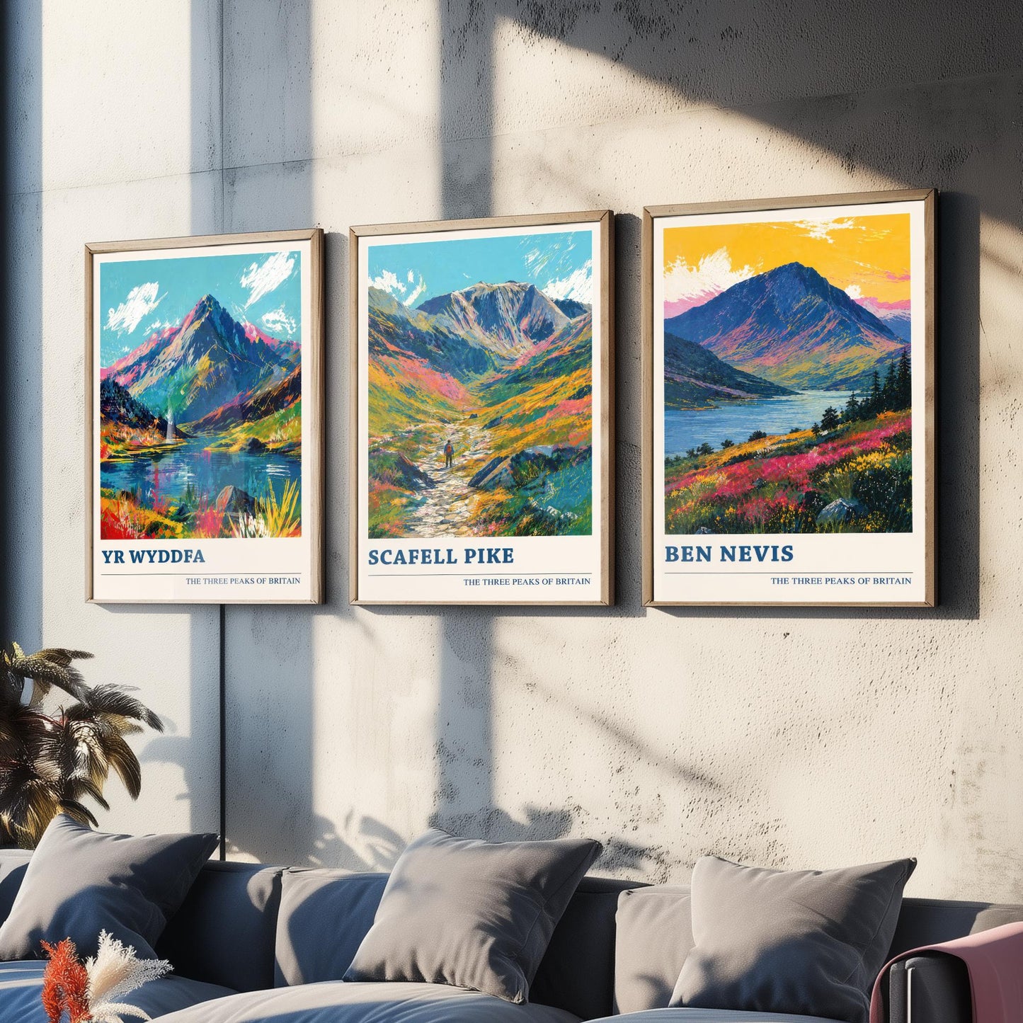 Set of Three National Three Peaks Travel Posters - Yr Wyddfa, Scafell Pike, Ben Nevis - Vibrant Art Print Painting Gift V4