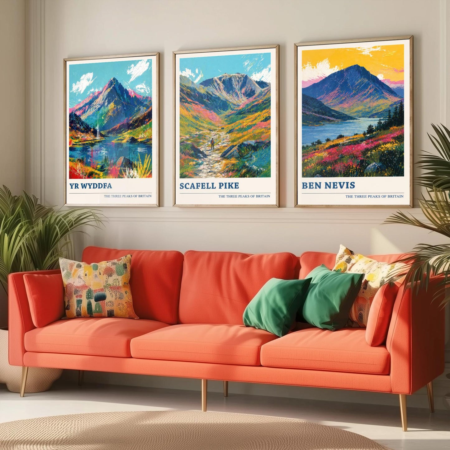 Set of Three National Three Peaks Travel Posters - Yr Wyddfa, Scafell Pike, Ben Nevis - Vibrant Art Print Painting Gift V4