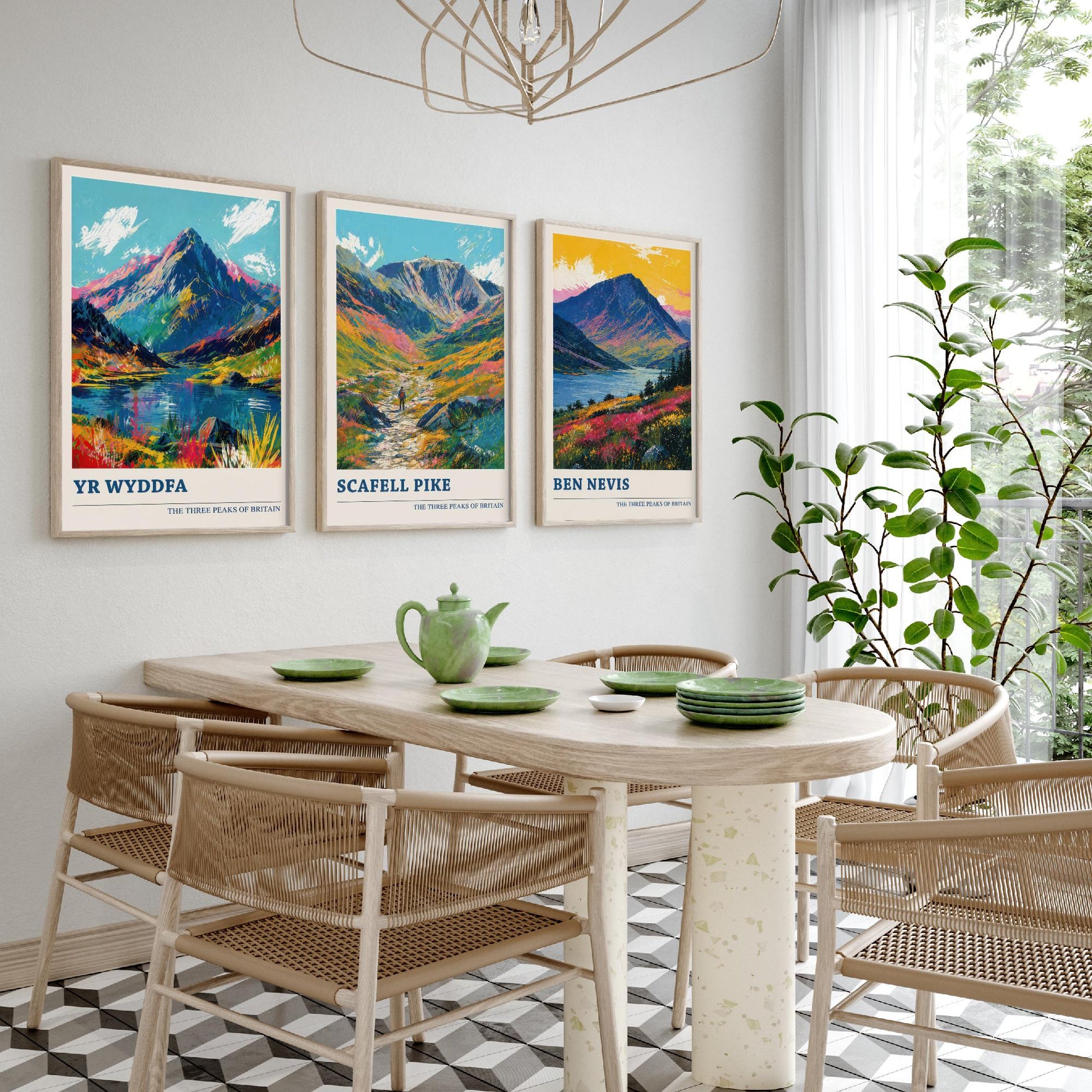 Set of Three National Three Peaks Travel Posters - Yr Wyddfa, Scafell Pike, Ben Nevis - Vibrant Art Print Painting Gift V4