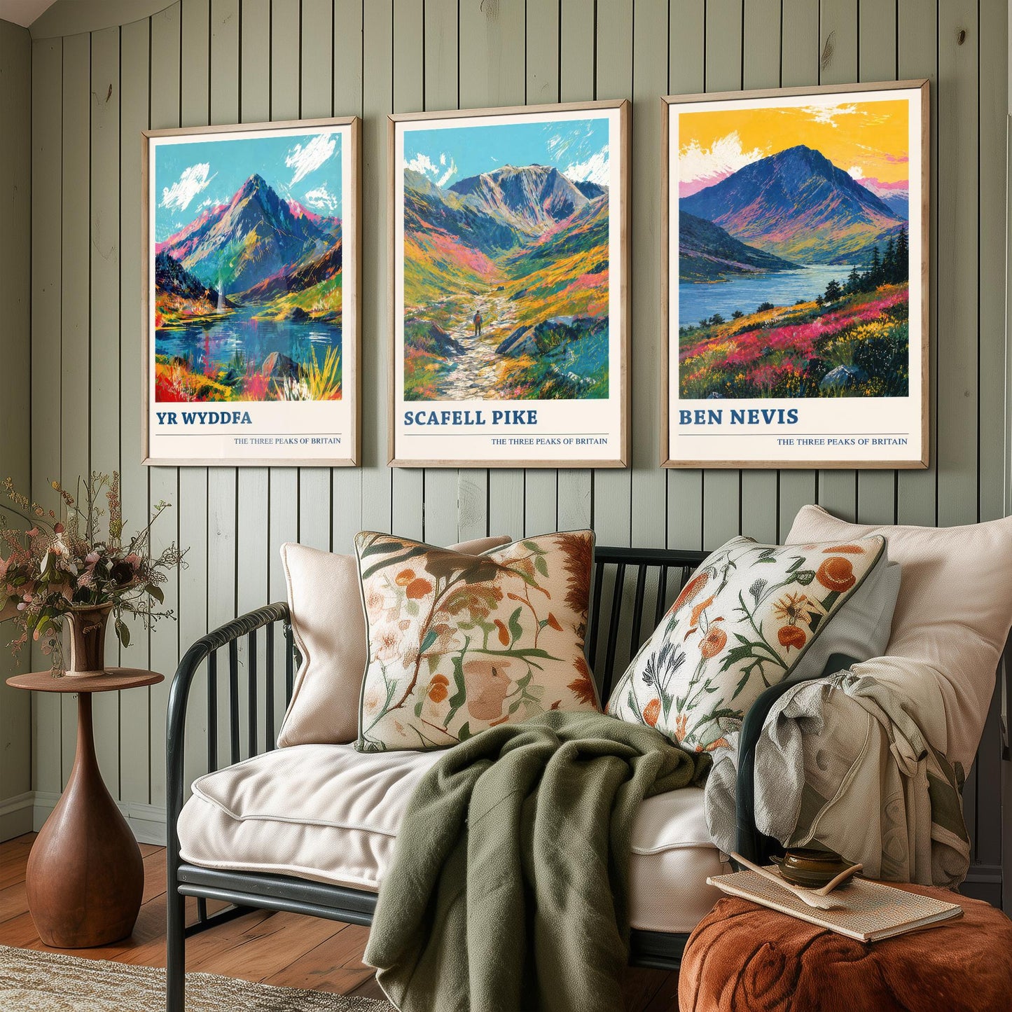 Set of Three National Three Peaks Travel Posters - Yr Wyddfa, Scafell Pike, Ben Nevis - Vibrant Art Print Painting Gift V4