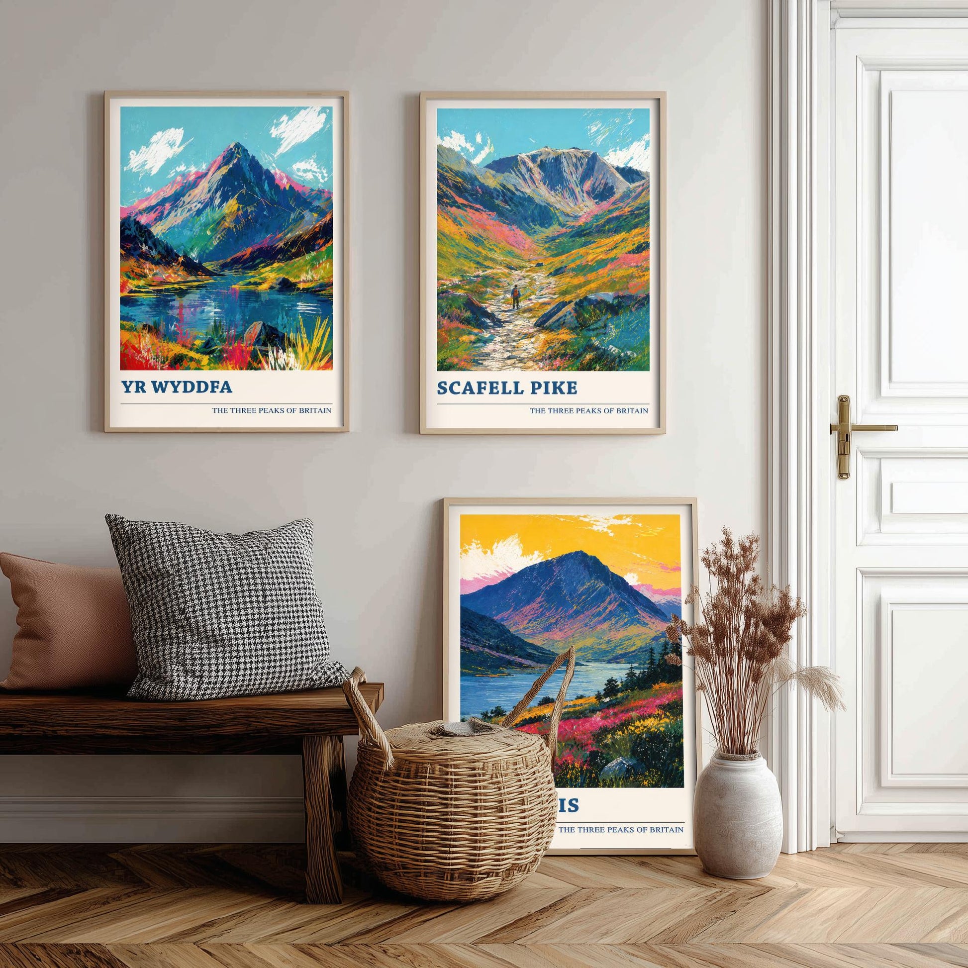 Set of Three National Three Peaks Travel Posters - Yr Wyddfa, Scafell Pike, Ben Nevis - Vibrant Art Print Painting Gift V4