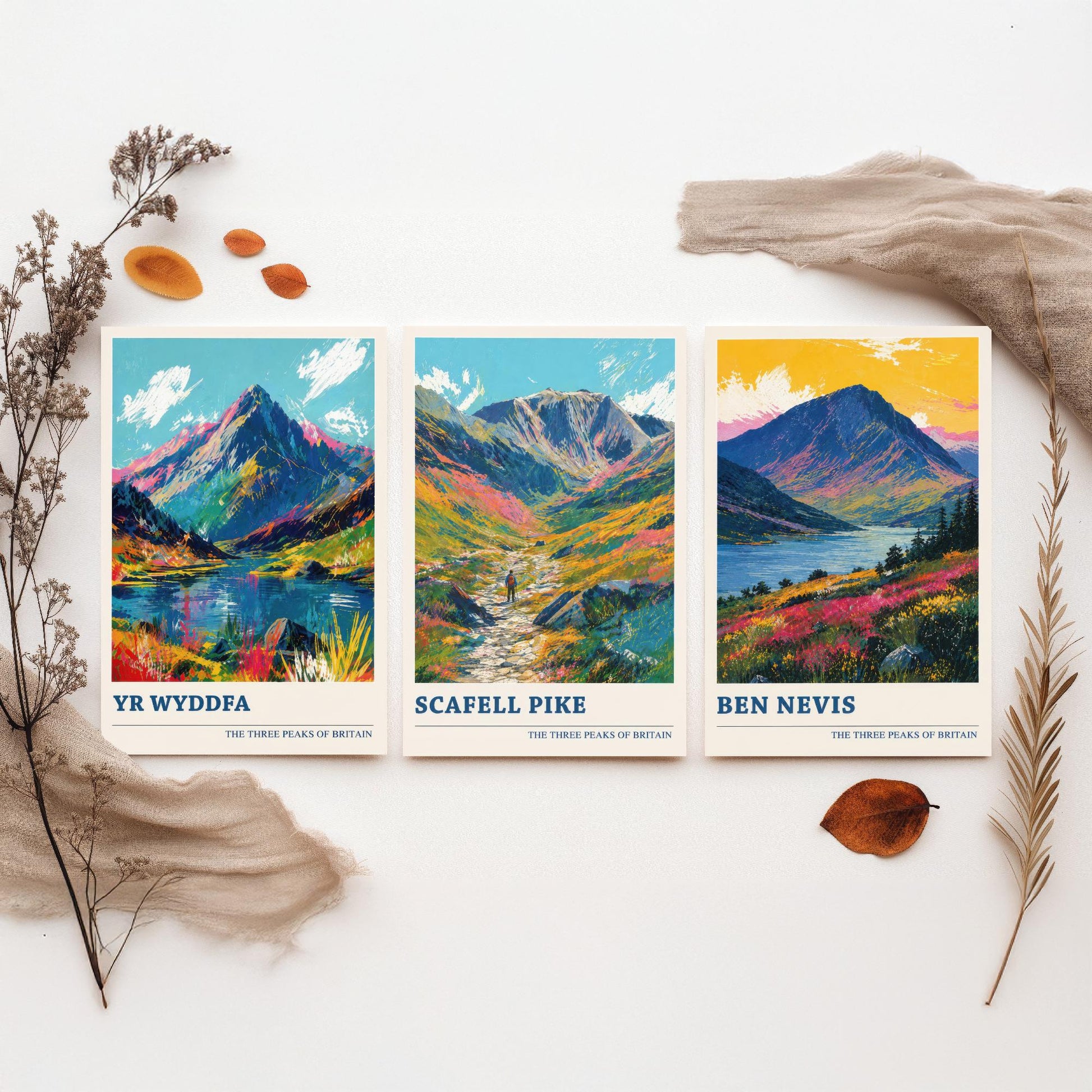 Set of Three National Three Peaks Travel Posters - Yr Wyddfa, Scafell Pike, Ben Nevis - Vibrant Art Print Painting Gift V4