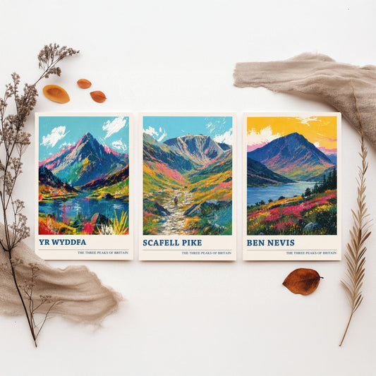 Set of Three National Three Peaks Travel Posters - Yr Wyddfa, Scafell Pike, Ben Nevis - Vibrant Art Print Painting Gift V4