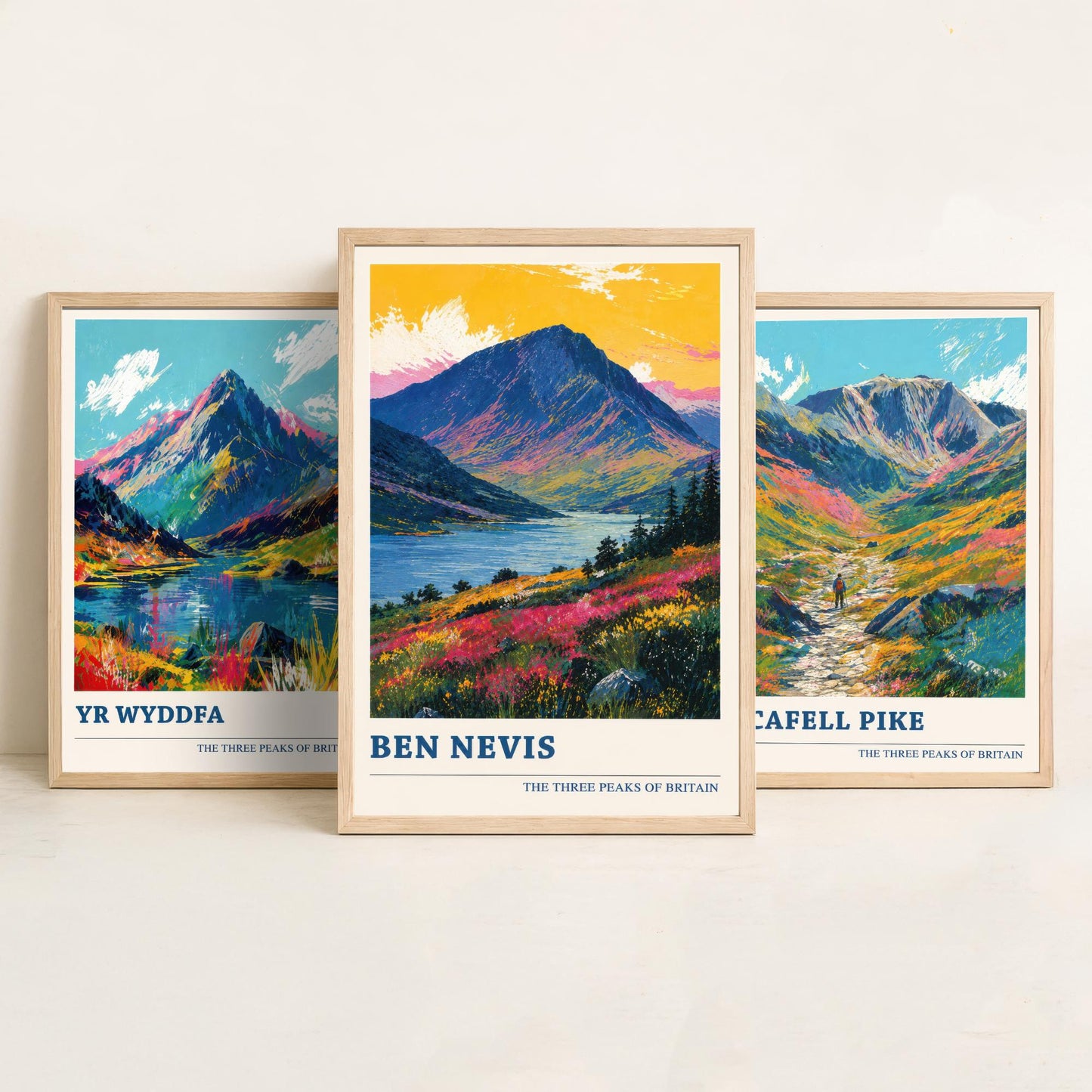 Set of Three National Three Peaks Travel Posters - Yr Wyddfa, Scafell Pike, Ben Nevis - Vibrant Art Print Painting Gift V4